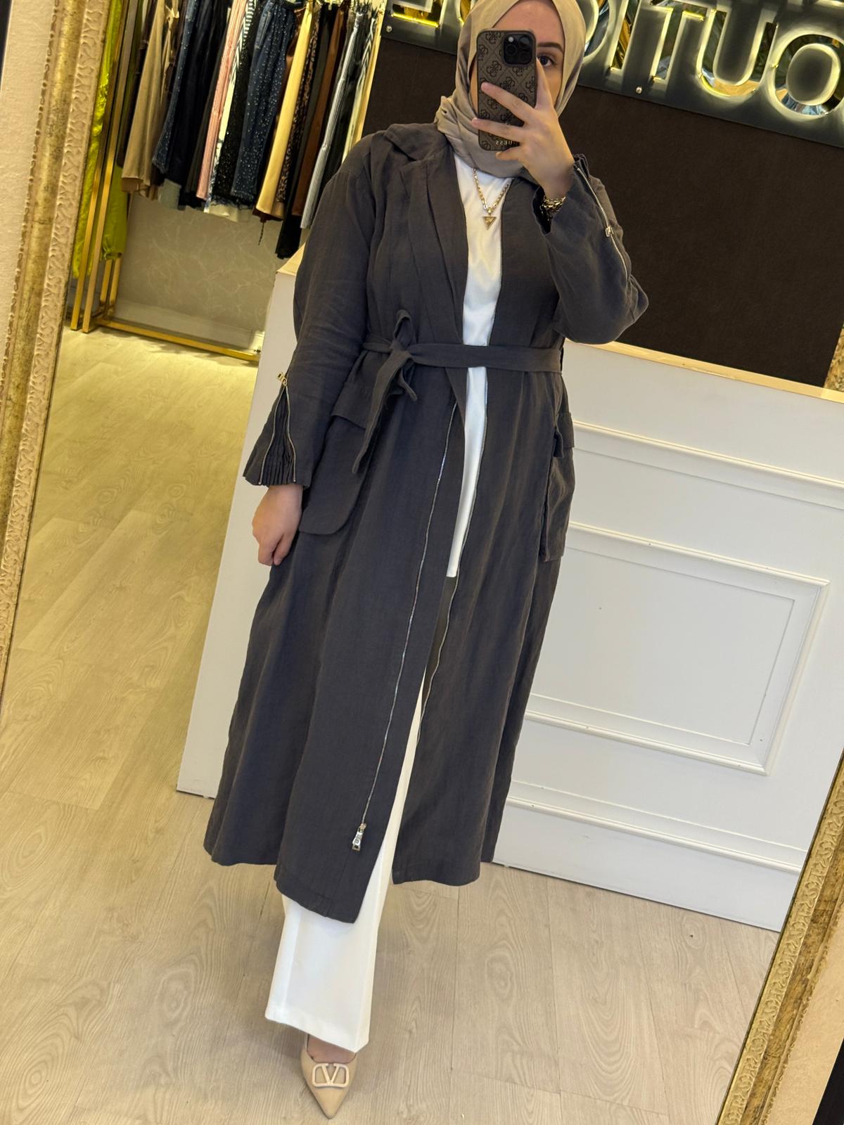 MİSSWHENCE 37509 Keten Fermuar Detaylı Pardesü