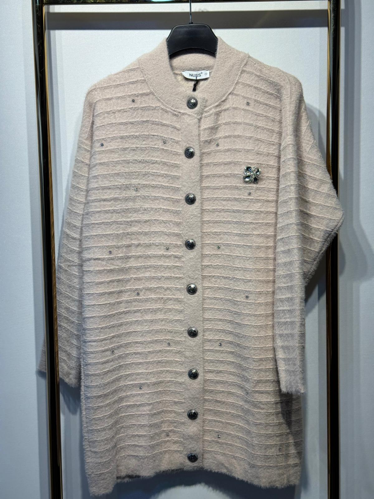 NUSS Çizgi Kademe İşlemeli Pırlanta Detaylı Angora Hırka