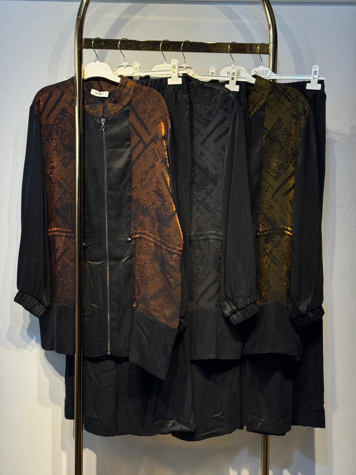 NUSS İpek Cupra Parla Kumaş Mix Tunik Pantolon Takım