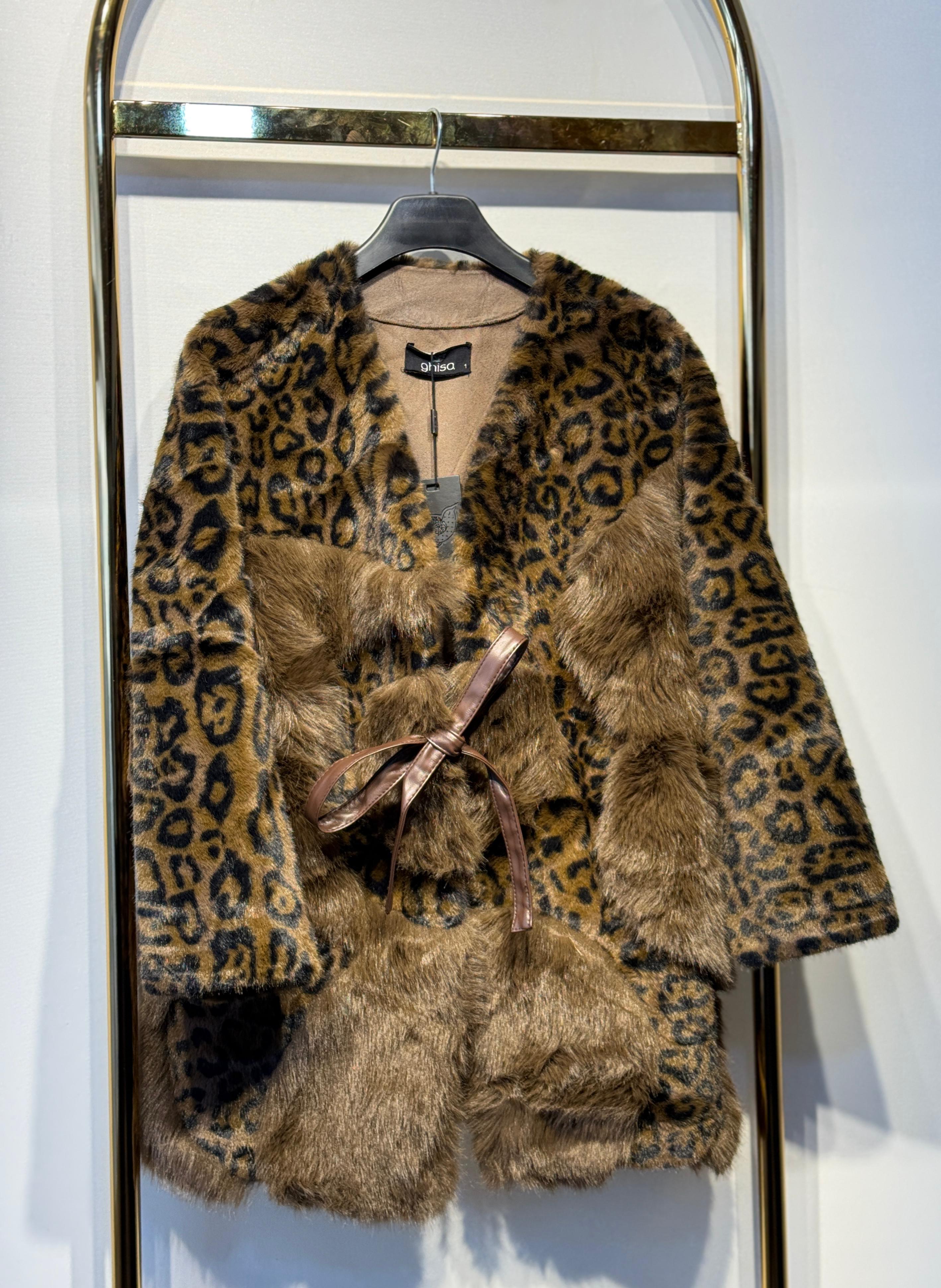 GHİSA Deri Bağlama Detaylı Leopar Desenli Kürk Kaban