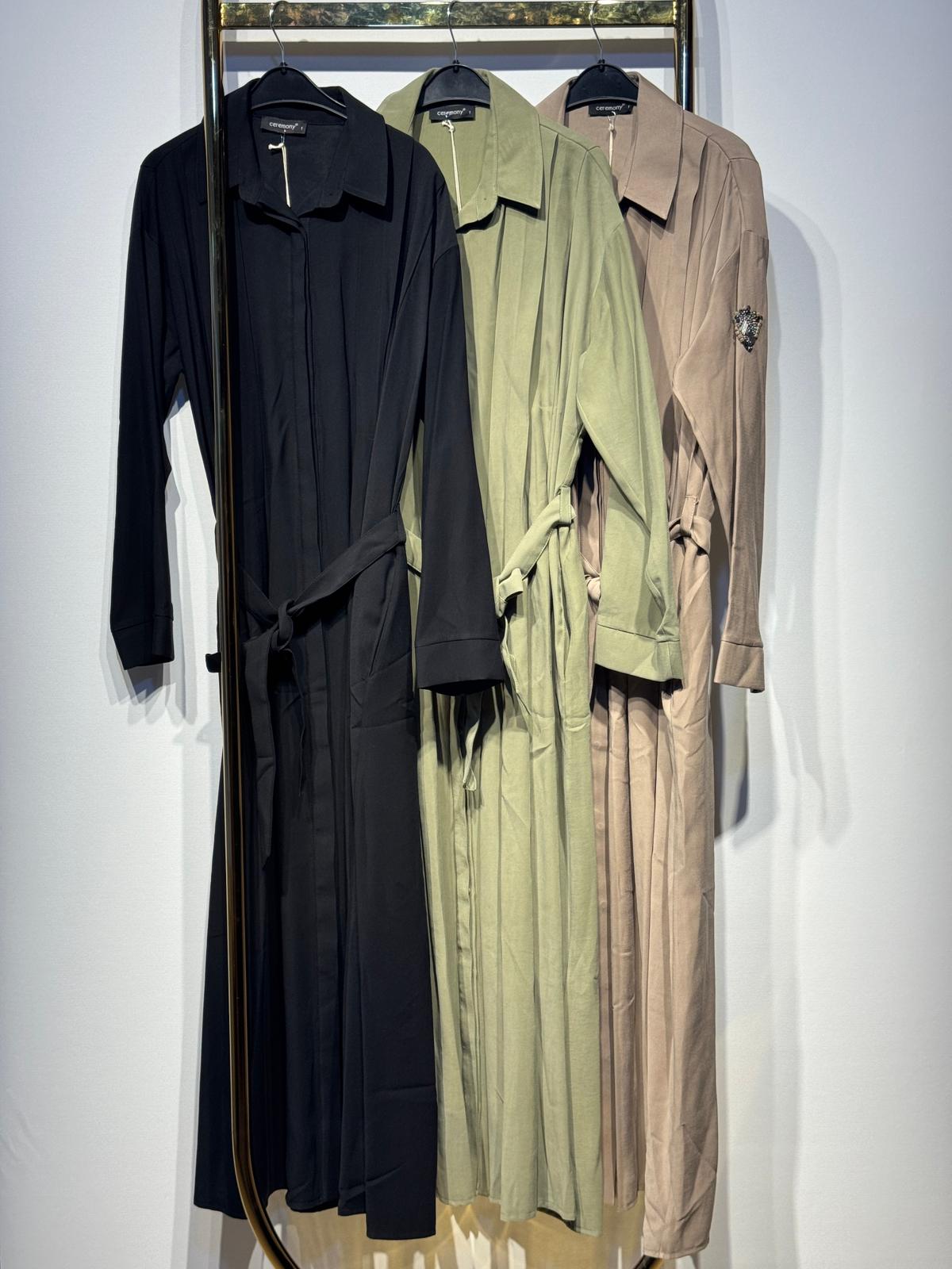 CEREMONY Kolu Taş Detay Önden Düğmeli Belden Kuşaklı Gömlek Elbise