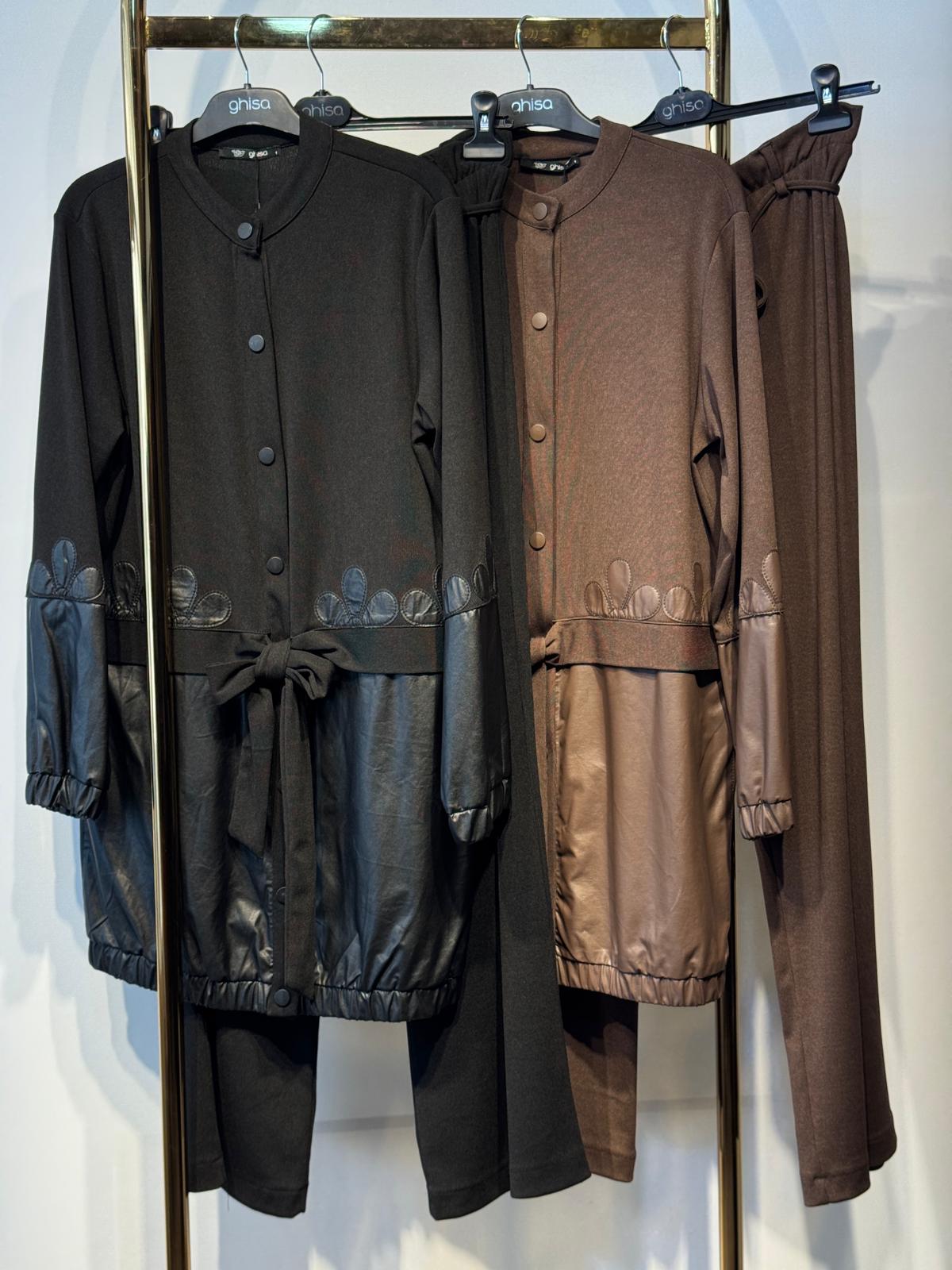 GHİSA Deri Detaylı Merserize Ceket Pantolon Takım