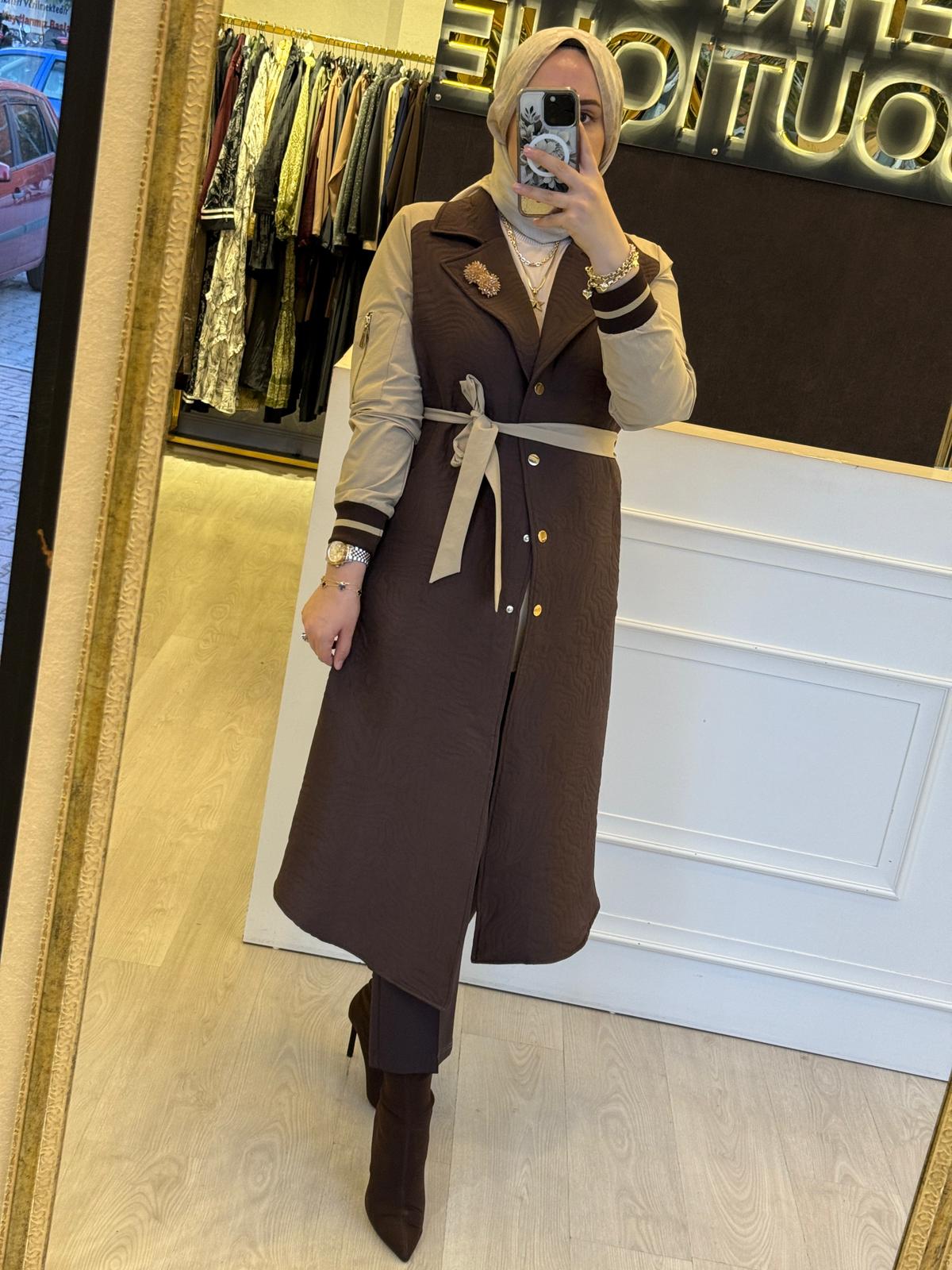 FUAT GÜRSEN Belden Bağlamalı Bronş Hediyeli Çift Ton Tasarım Uzun Kap