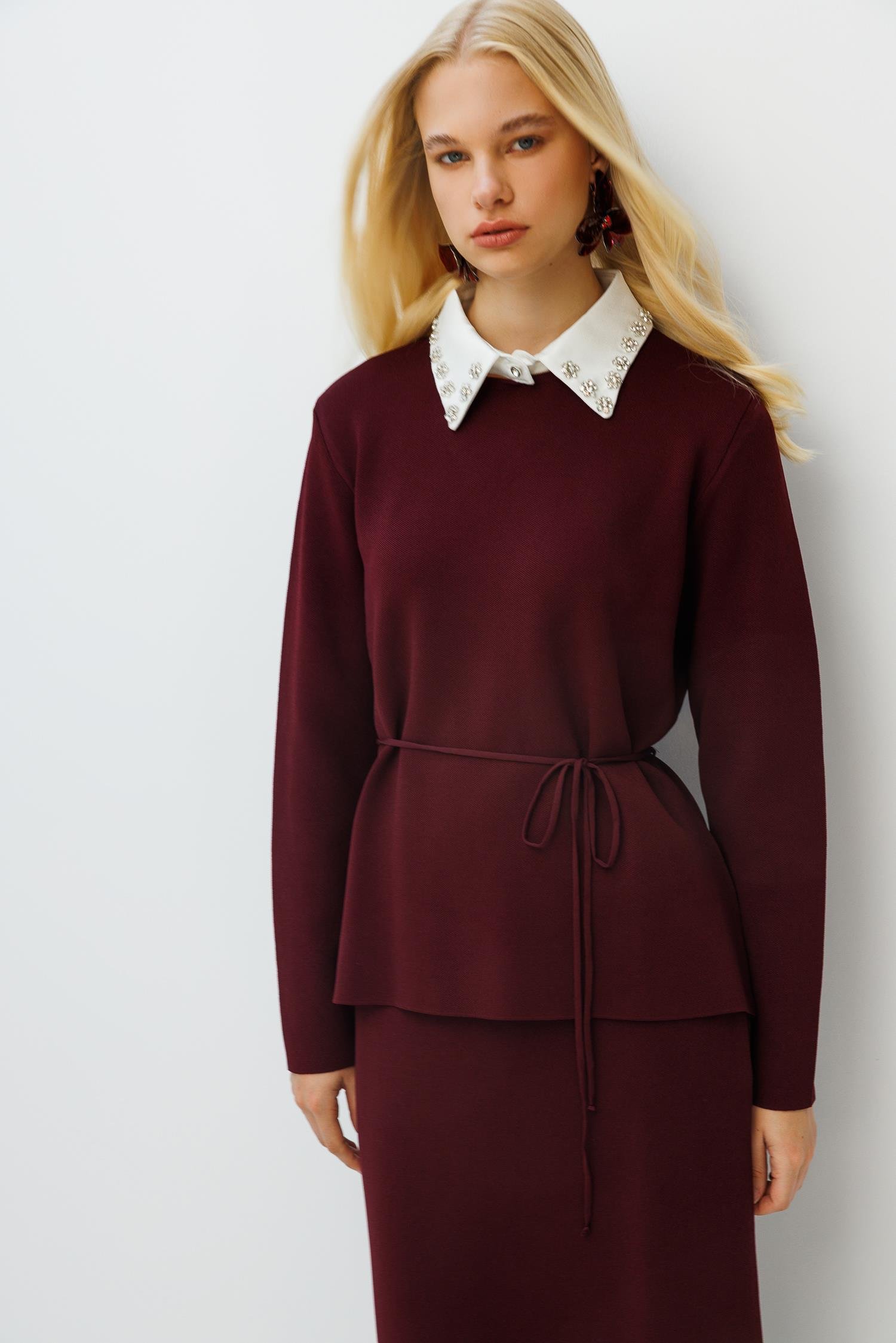 GHİSA Yaka Taş Detaylı Merserize Tunik Etek Takım