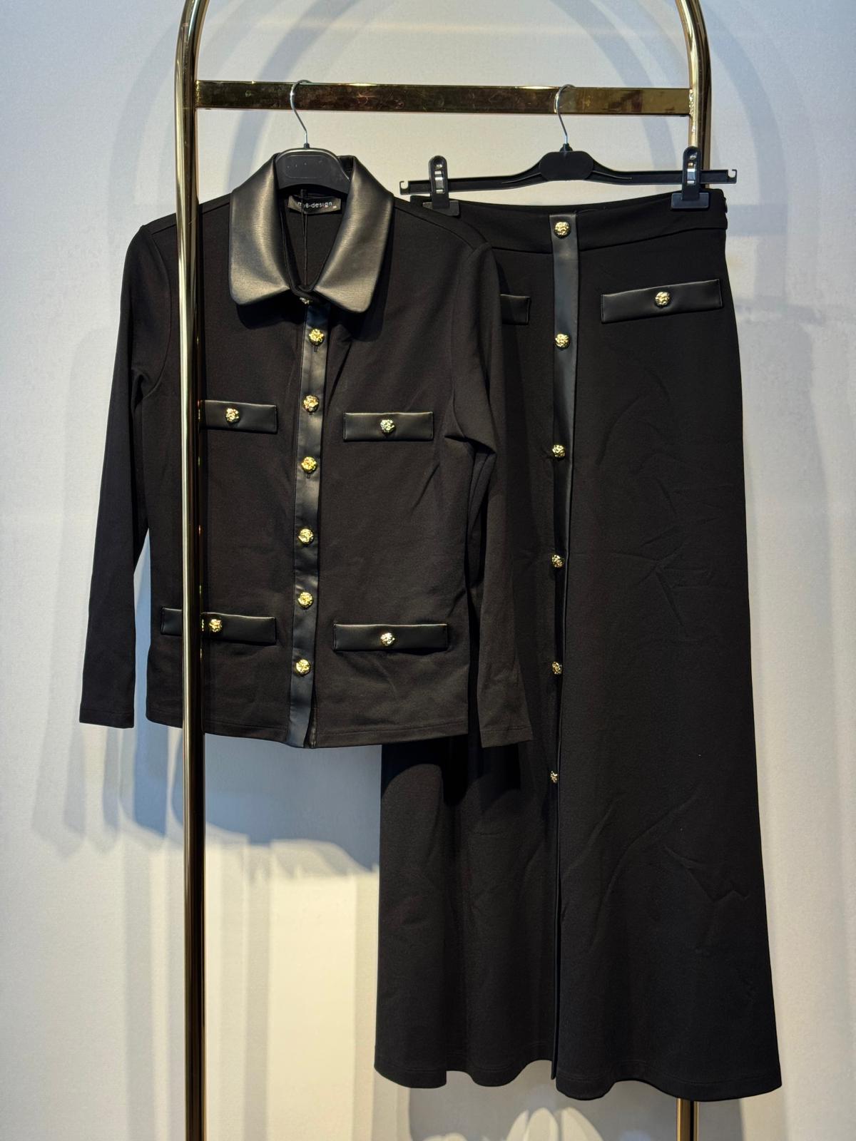 Sİ Design my8 4143 - 3116 Deri Detaylı Gold Düğmeli Bluz Etek Takım