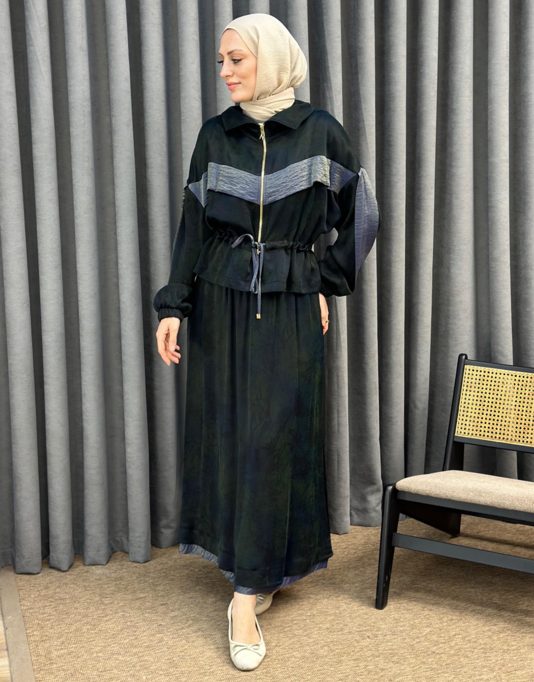 NUSS Florasan Kumaş Detaylı Fermuarlı Tunik Etek Takım