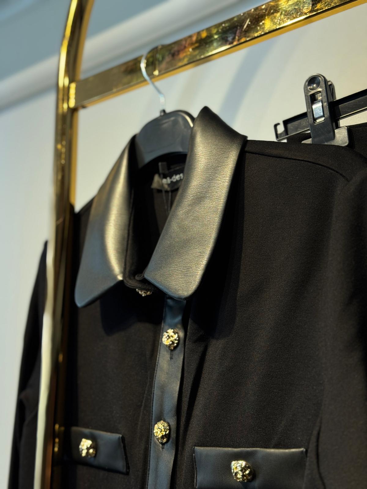 Sİ Design my8 4143 - 3116 Deri Detaylı Gold Düğmeli Bluz Etek Takım