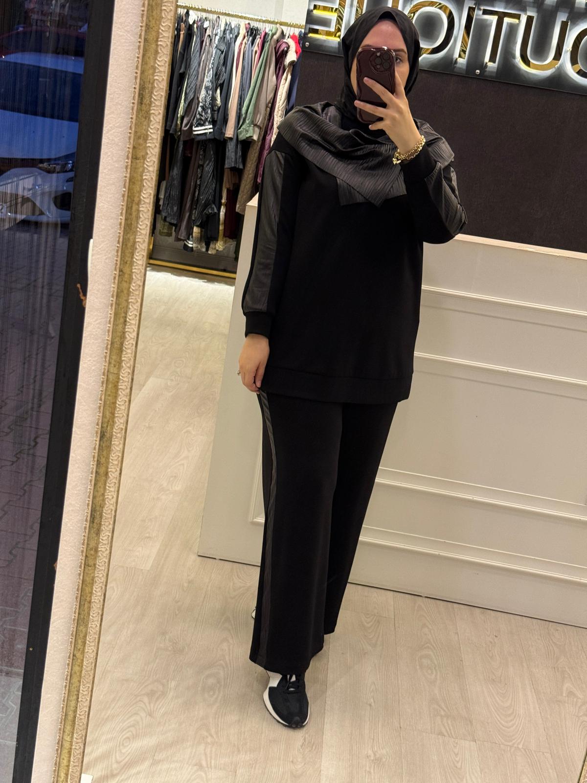 FUAT GÜRSEN Yanı Suni Deri Görünümlü İşlemeli Beli Lastikli Rahat Pantolon