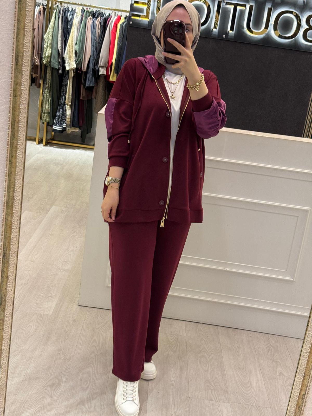 LİSA EXCLUSİVE Saten Mix Kapşonlu Sweat Rahat Pantolon Takım