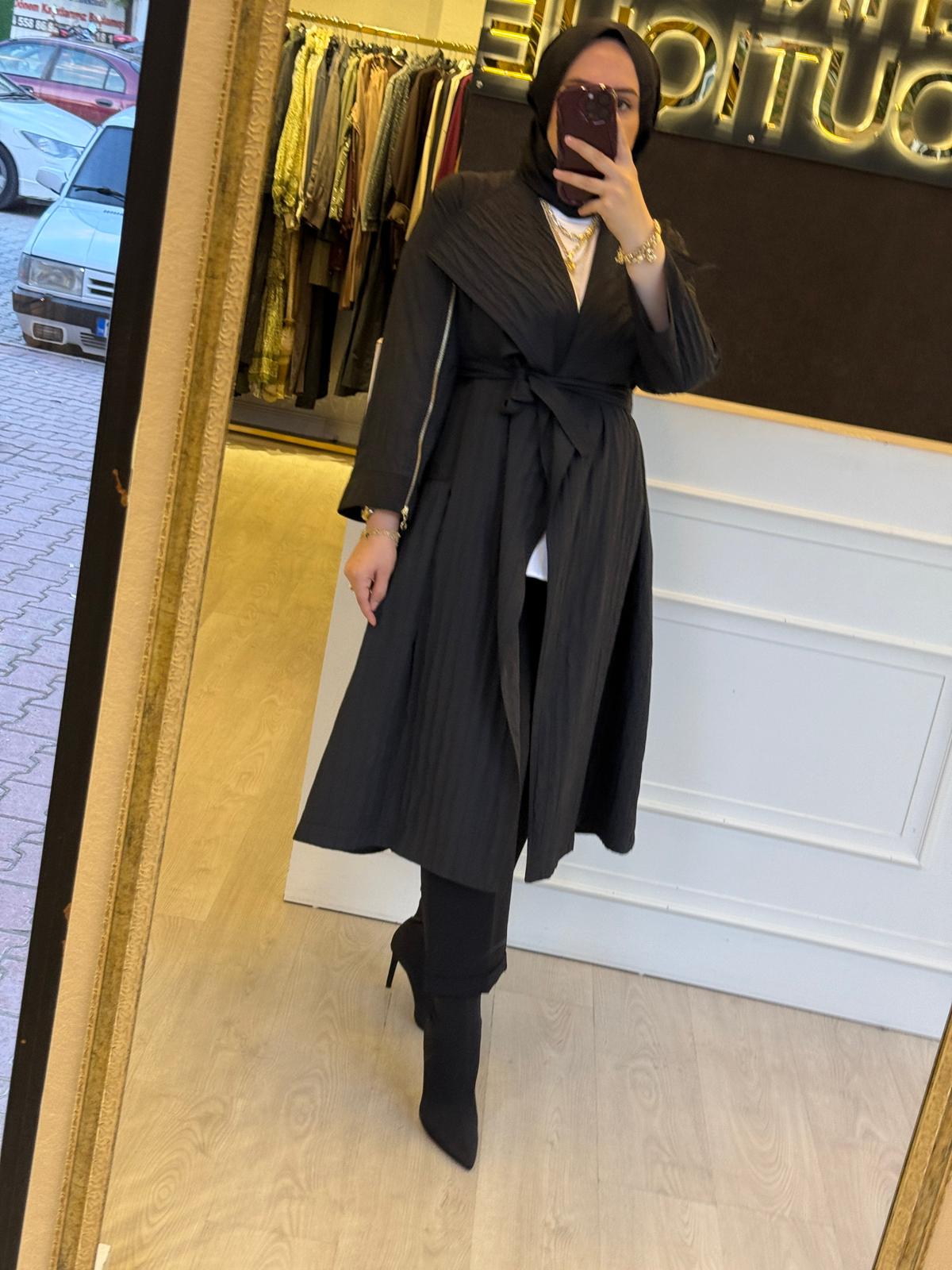 GHİSA Kabartma Kumaş Belden Bağlamalı Uzun Pardesü