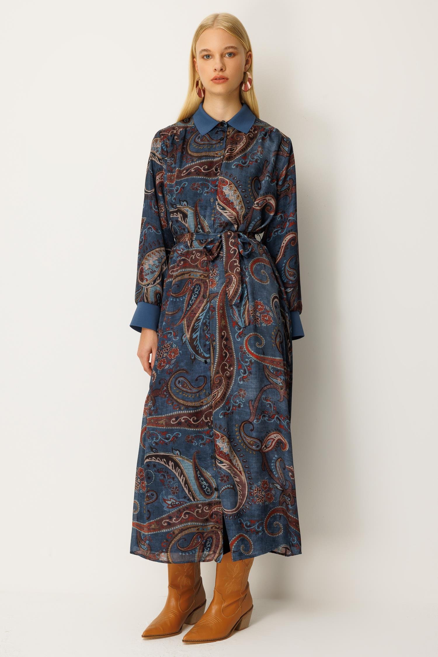 GHİSA Etnik Desen Gömlek Tip Uzun Elbise