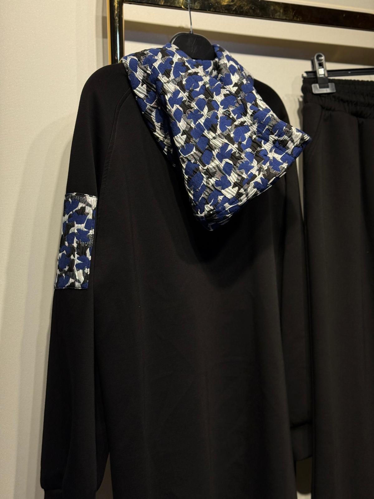 LİSA EXCLUSİVE Desenli Kumaş Mix Kapşonlu Ceket Pantolon Takım