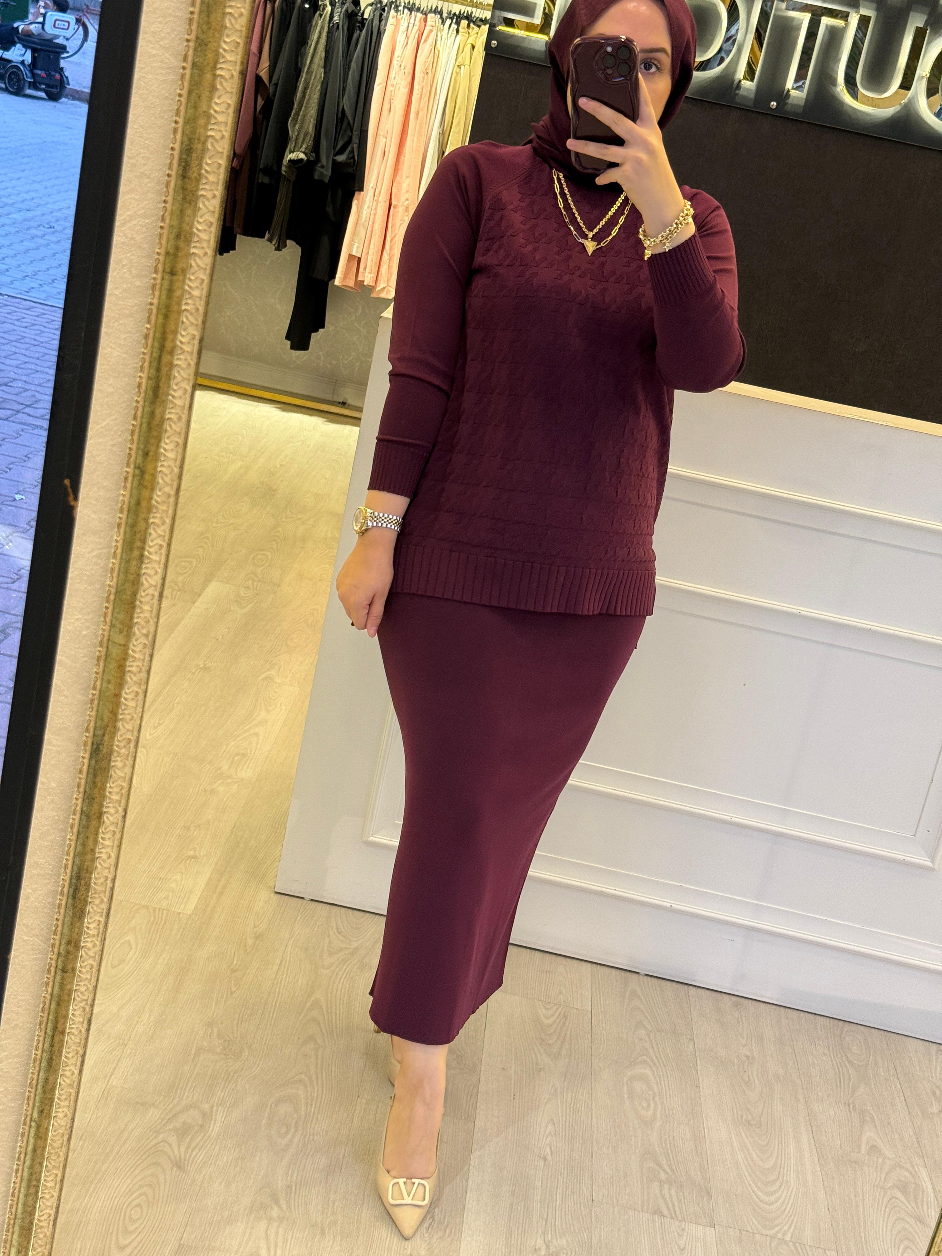 NUSS Merserize Kazayağı Kabartma Tunik Etek Takım