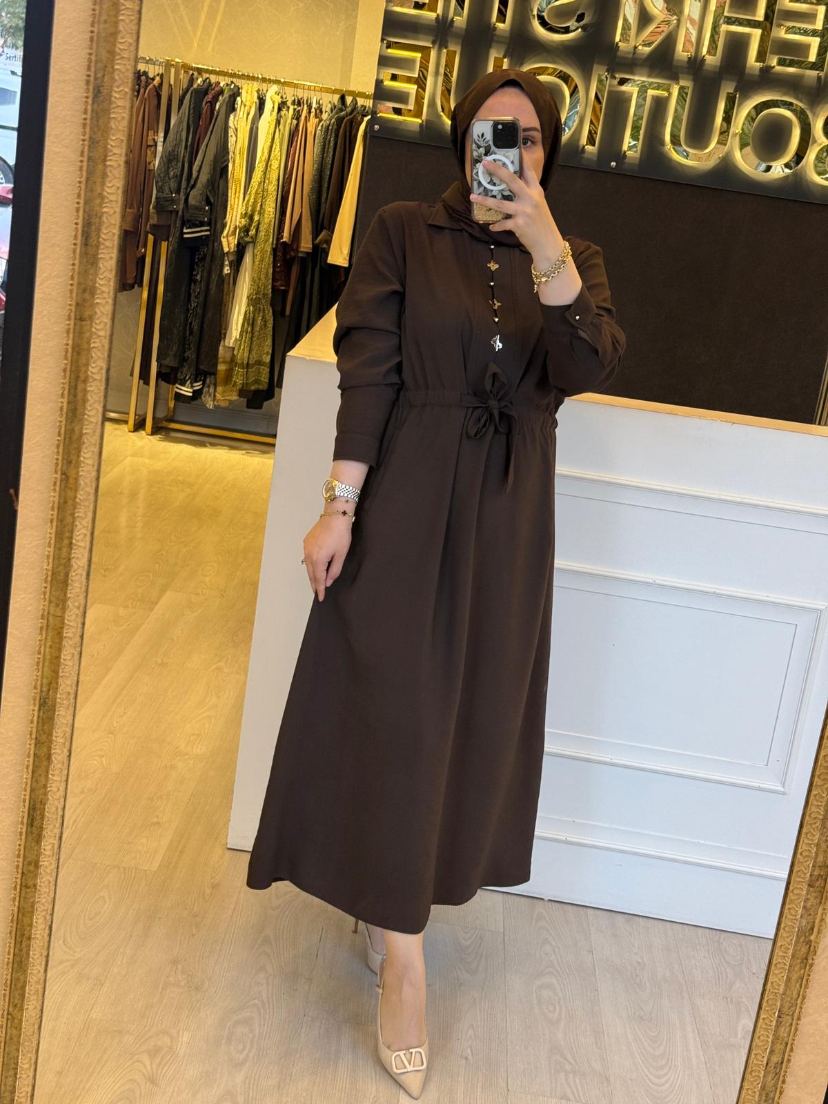 FUAT GÜRSEN Belden Bağlamalı Uzun Elbise