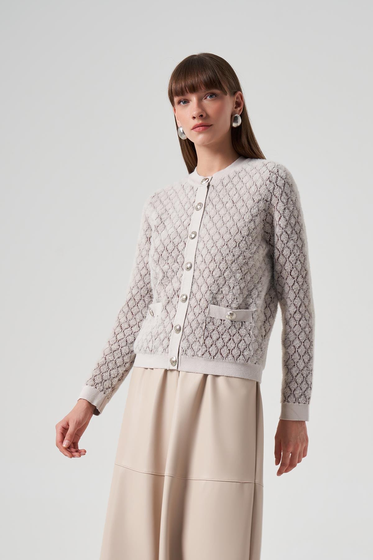 NUSS Baklava Desenli Çift Renk Angore Kısa Hırka