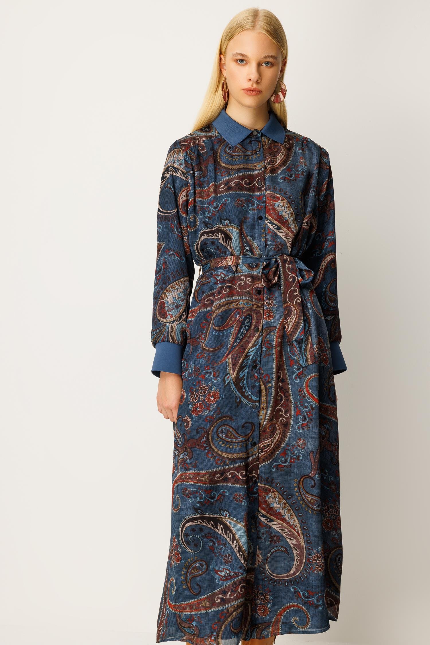 GHİSA Etnik Desen Gömlek Tip Uzun Elbise