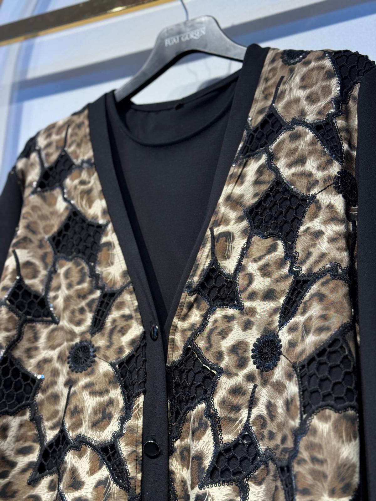 FUAT GÜRSEN Nakış İşlemeli Leopar Desen Hırka İçlik Takım