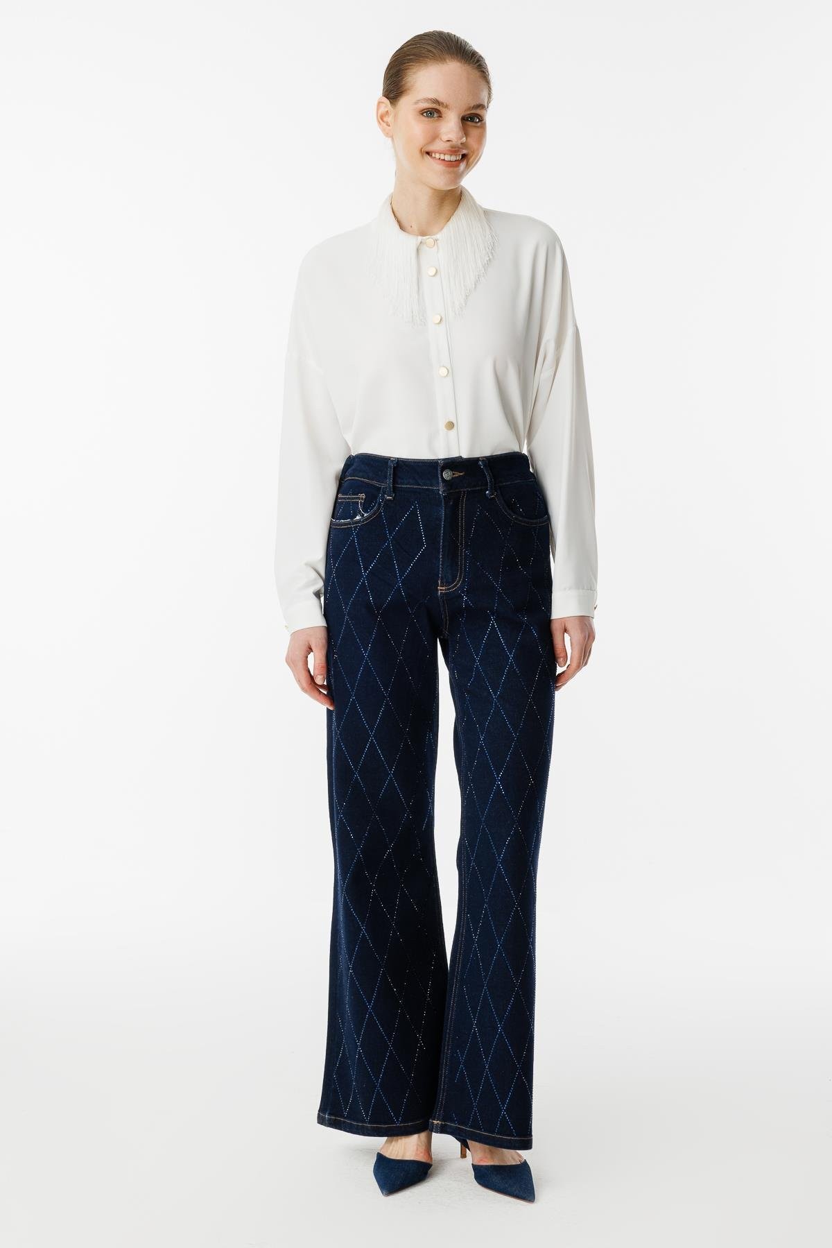GHİSA TAŞ KAPİTONE İŞLEMELİ JEANS PANTOLON