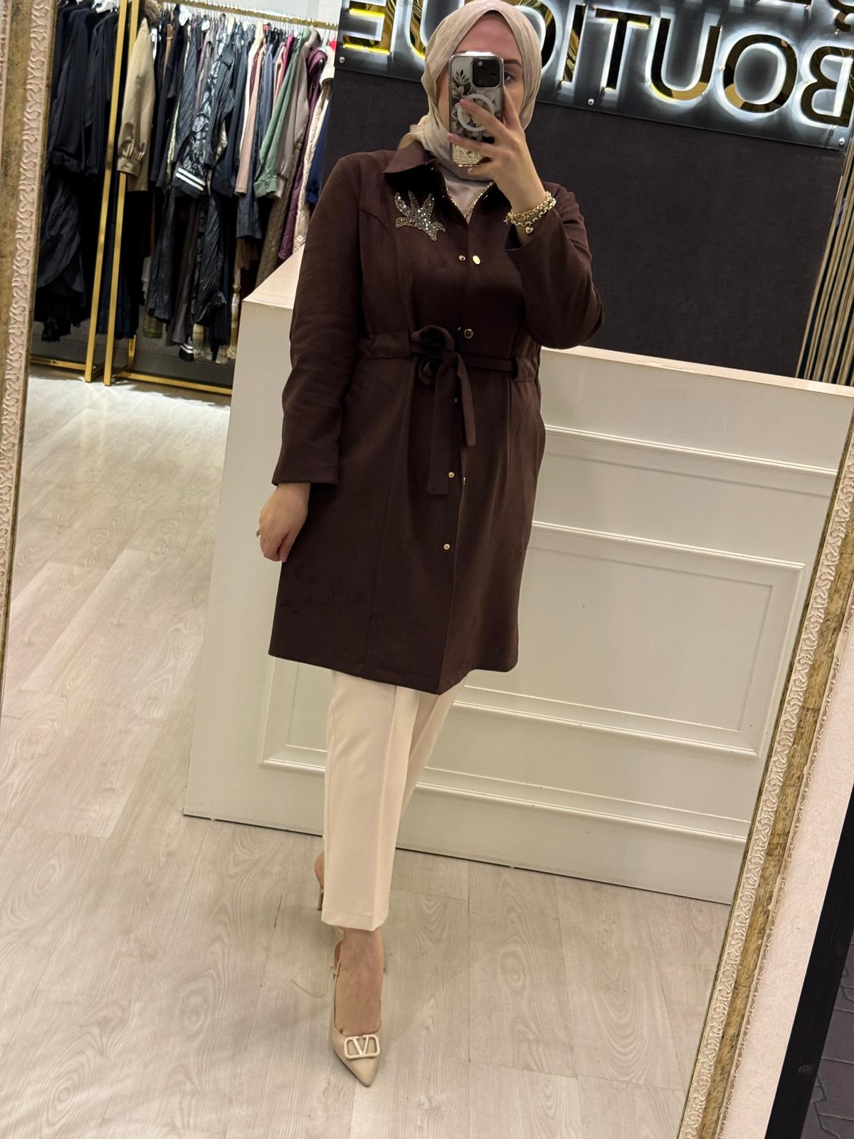 NUSS Göğüs Payet ve Taş İşleme Detaylı Süet Kap