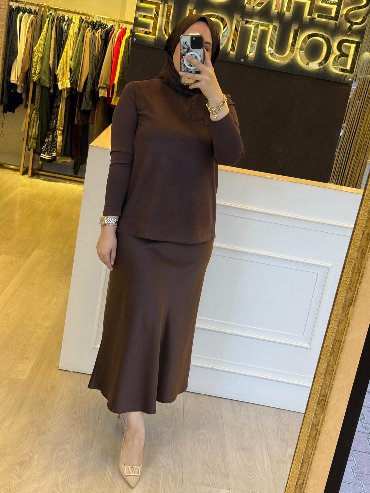 NUSS Süet Mix Triko Nakış İşlemeli Rahat Tunik