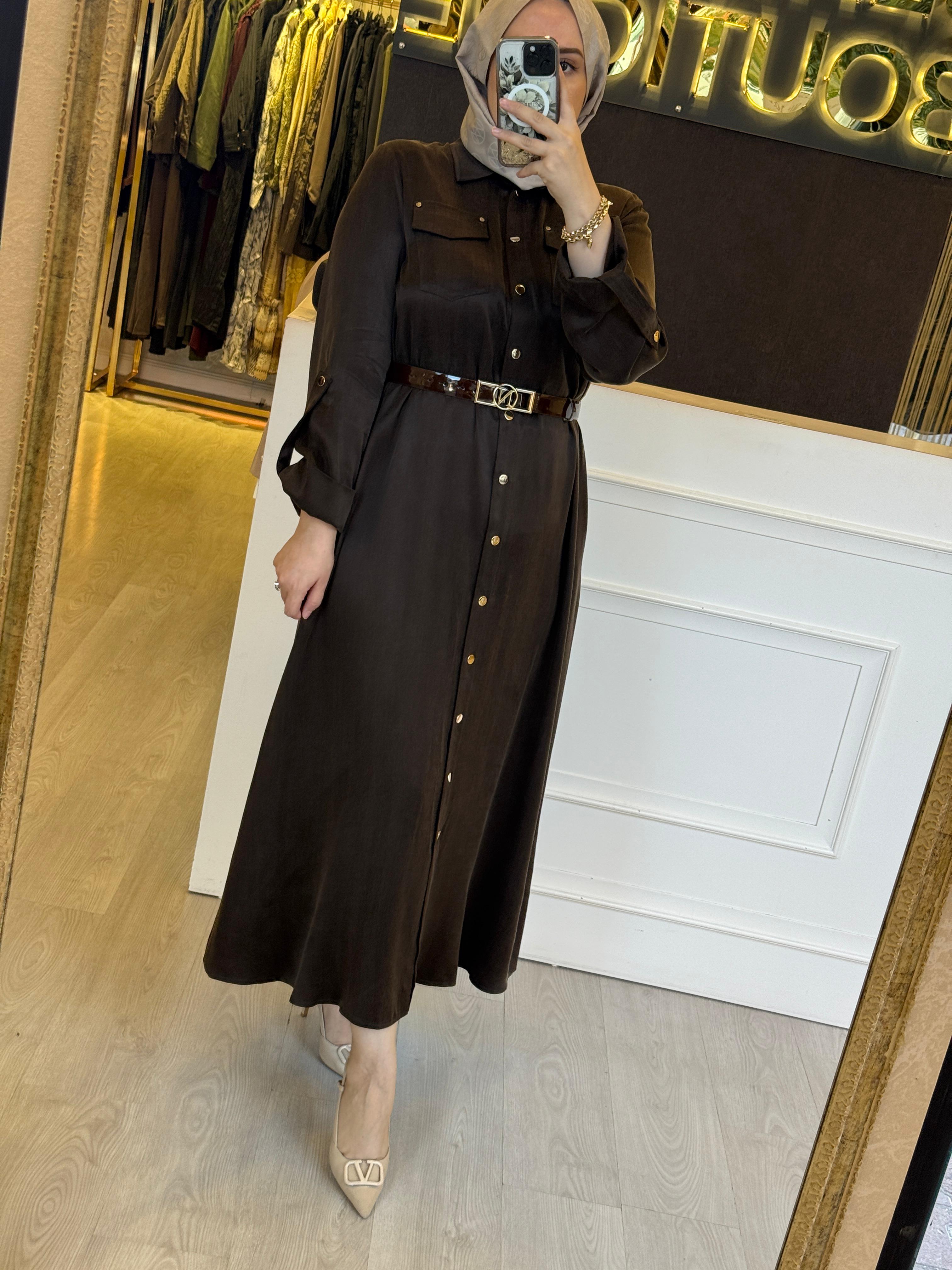 NUSS Deri Kemer Hediyeli Uzun Elbise