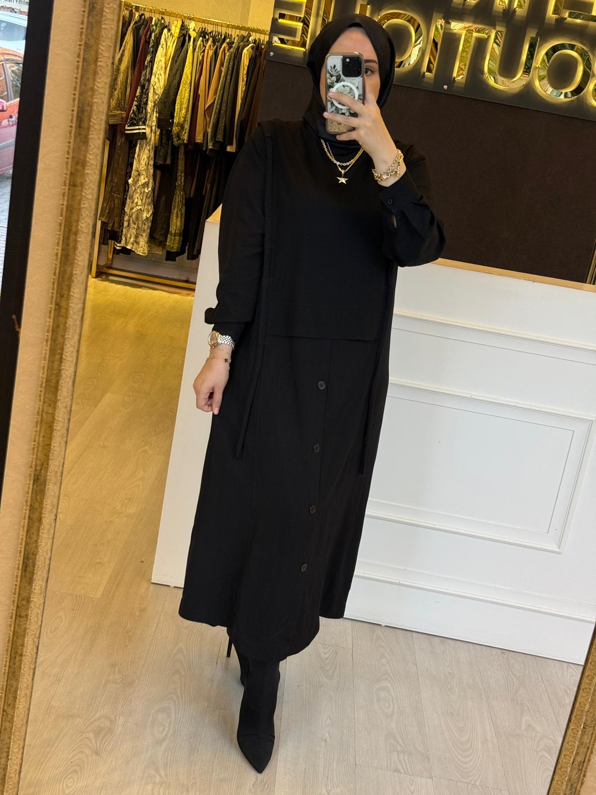 FUAT GÜRSEN Önden Tasarım Bağlamalı Uzun Rahat Elbise