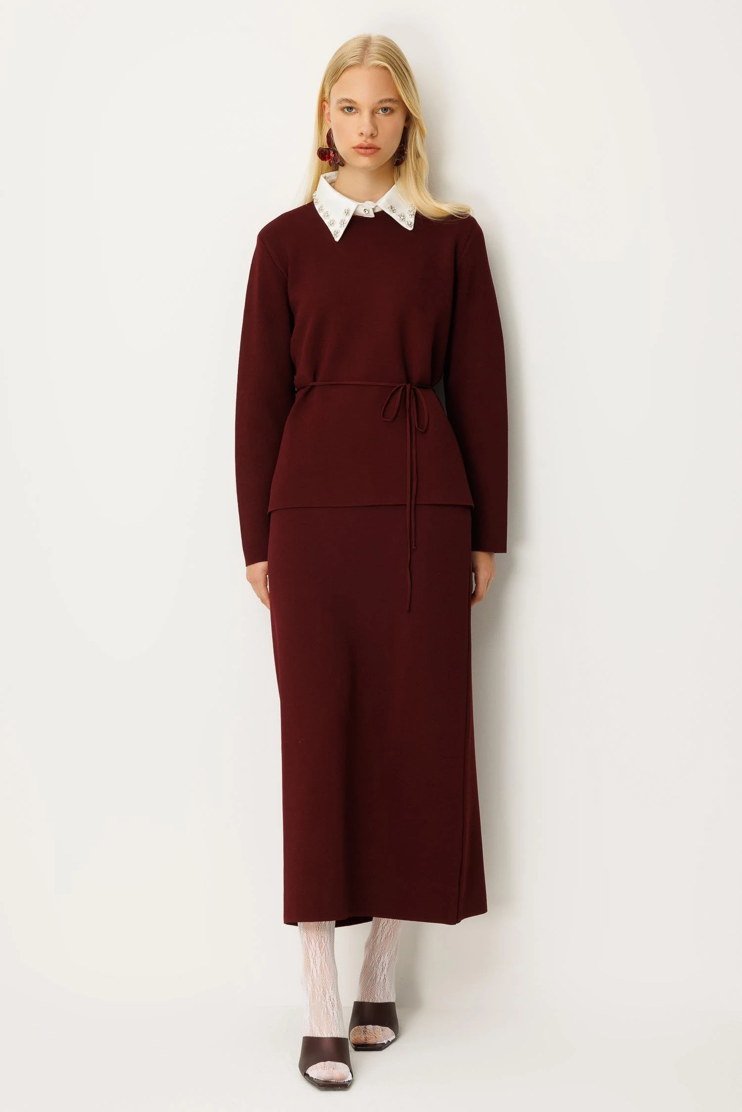 GHİSA Yaka Taş Detaylı Merserize Tunik Etek Takım