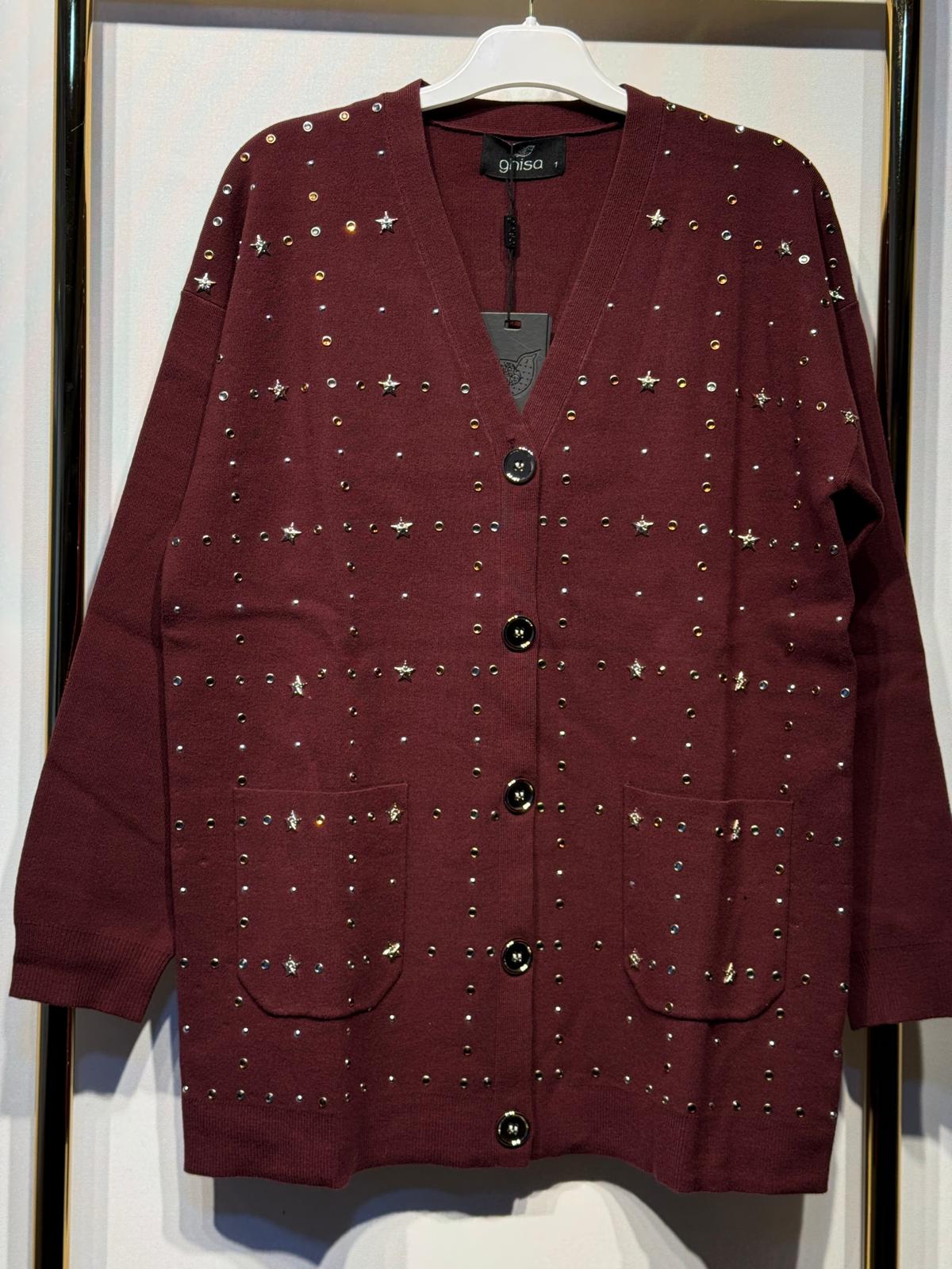 GHİSA Zımba Pırlanta ve Yıldız İşleme Detaylı Ayna Düğmeli V Yaka Merserize Hırka