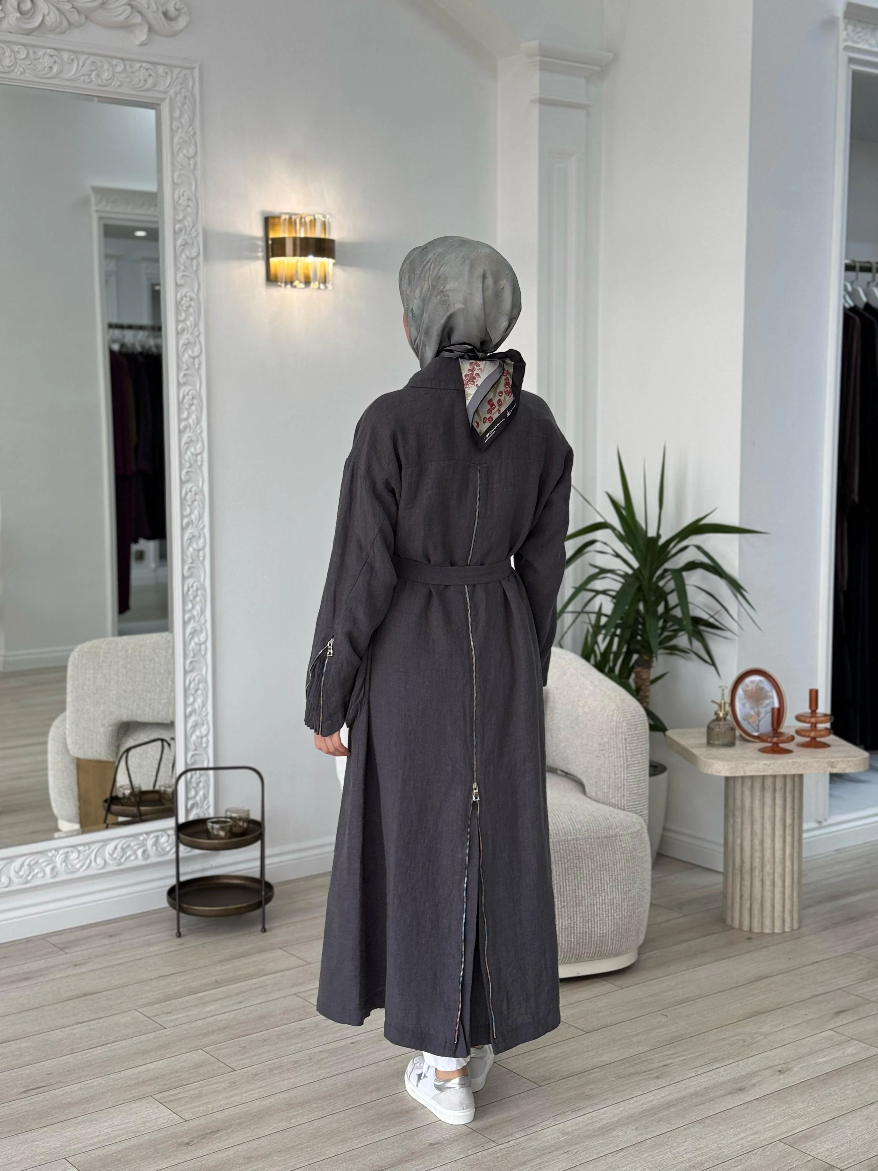 MİSSWHENCE 37509 Keten Fermuar Detaylı Pardesü