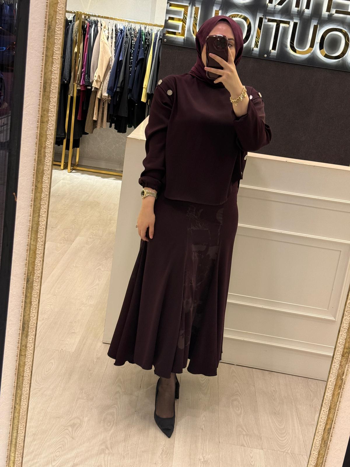 MİSSWHENCE 38032 Şifon Yanlar Düğme İşleme Detaylı Tunik - Desenli Kumaş Çan Etek Takım