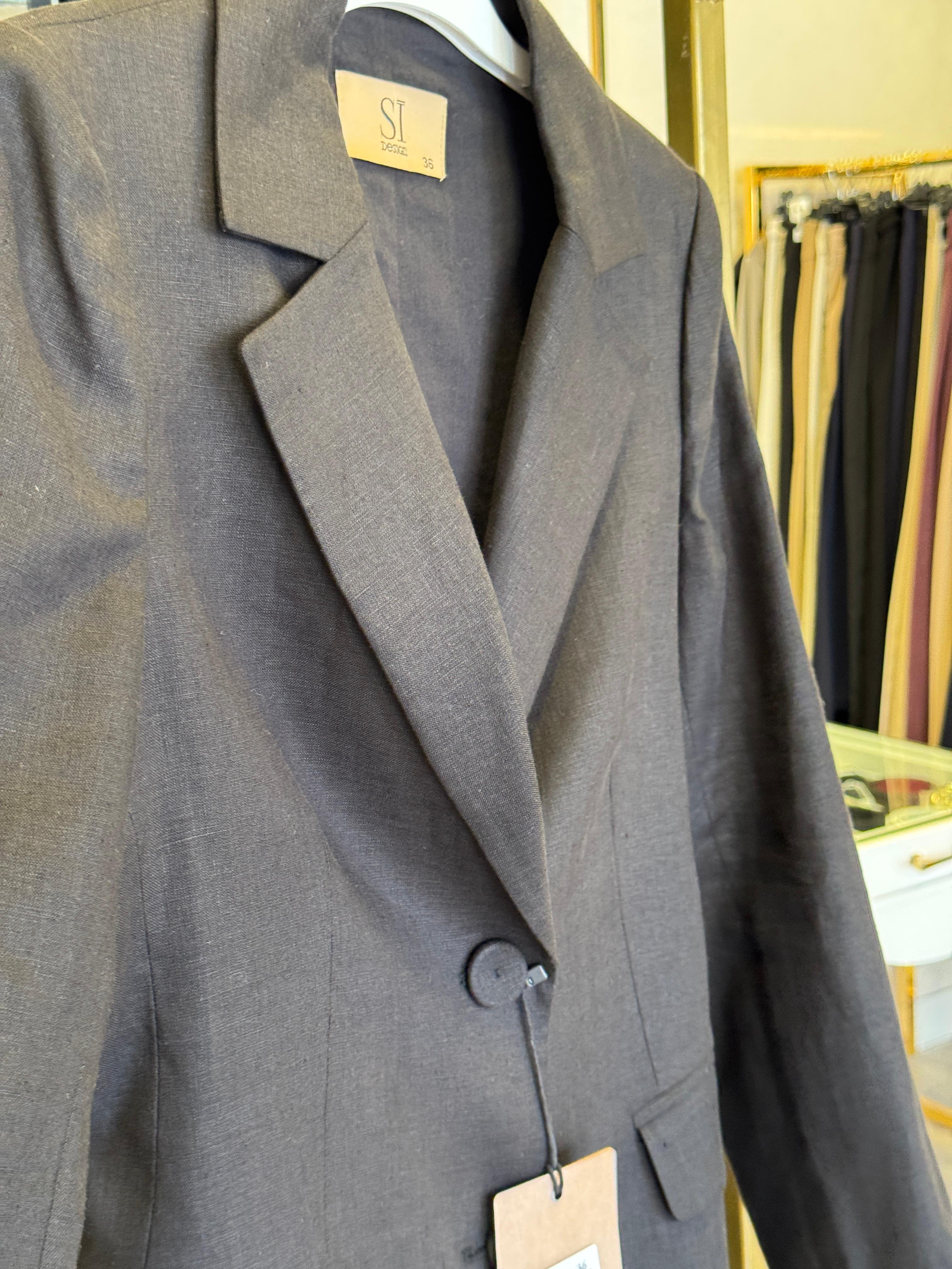Sİ Design 11104 Kumaş Düğme Detaylı Keten Blazer Ceket