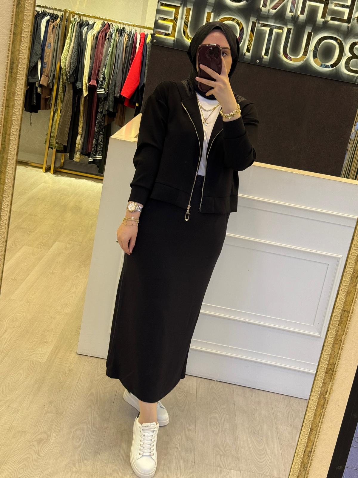 NUSS Oysho Mix Saten Kapşonlu Tunik Etek Takım