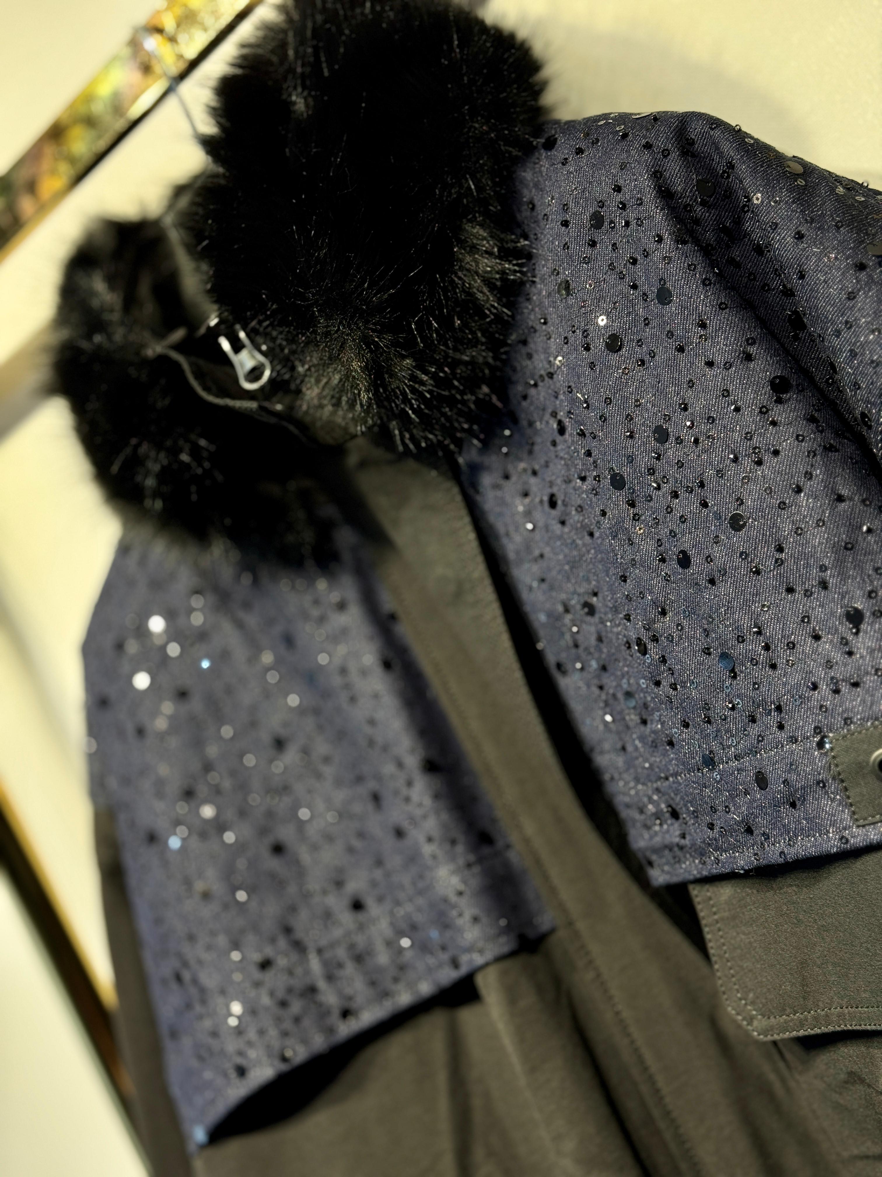 GHİSA Payet İşlemeli Denim Mix Kumaş Kürk Detaylı Kaban