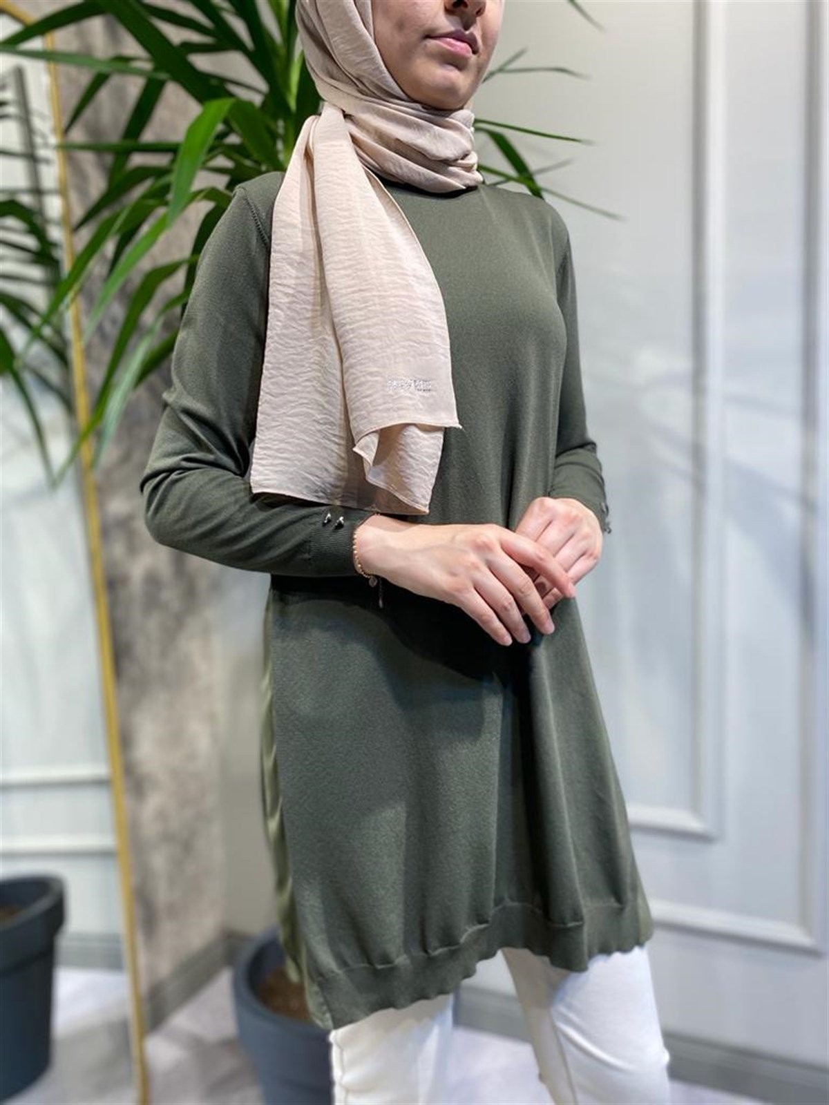 İNVEE Haki Yanları Şifonlu Tunik 5860