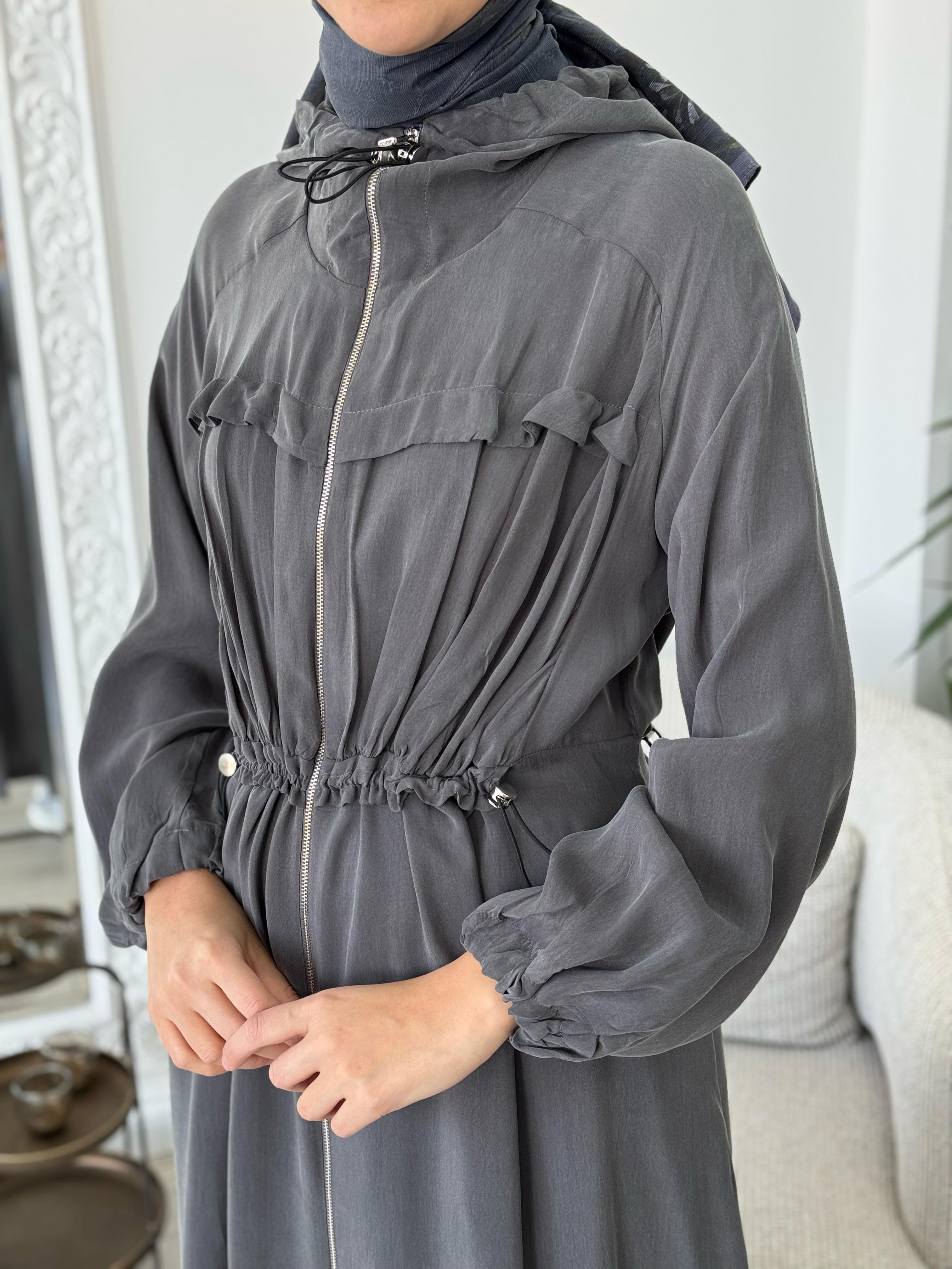 MİSSWHENCE 37504 Kapşonlu Fermuar Detaylı İpek Pardesü