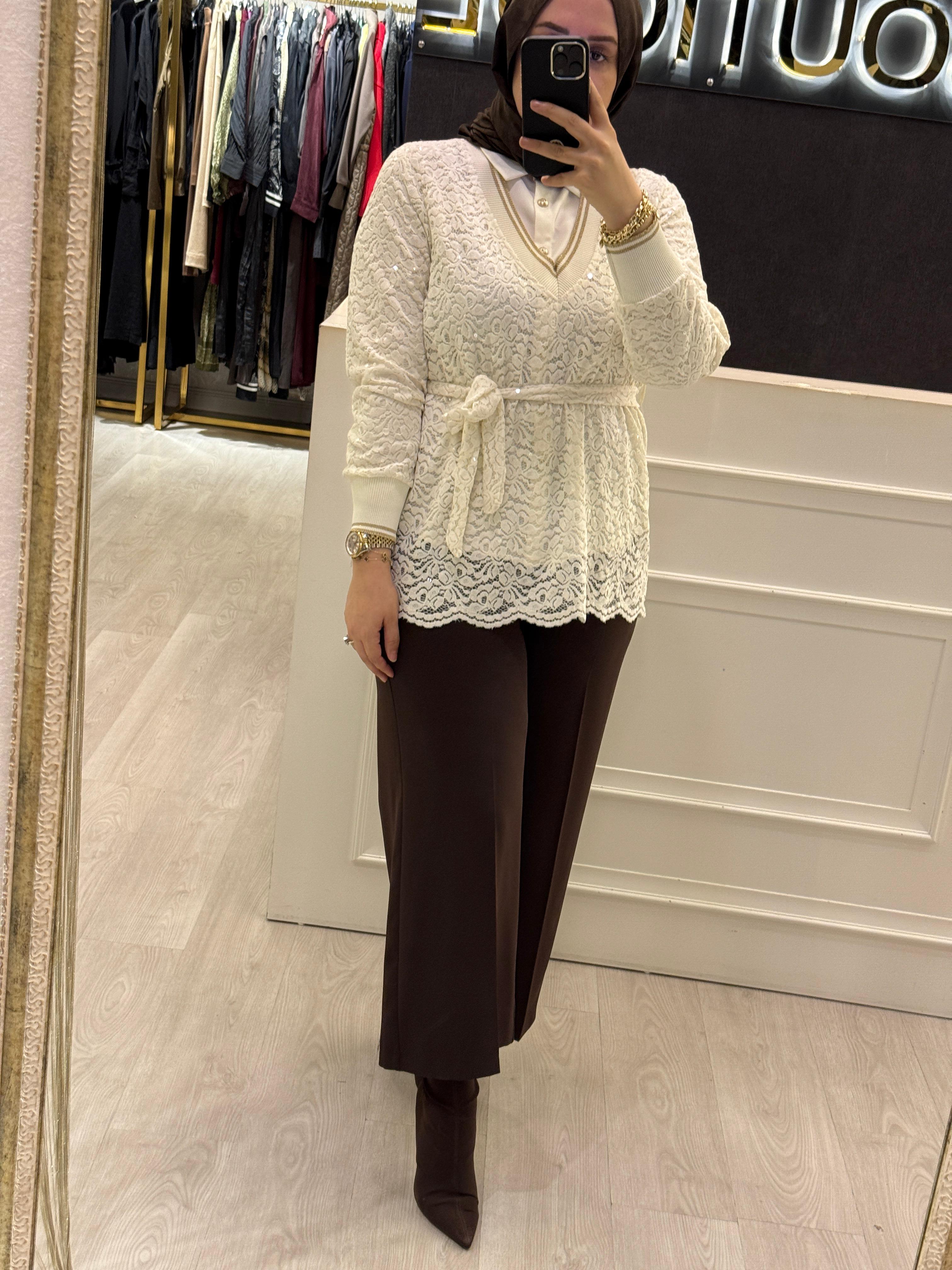 FUAT GÜRSEN Payet İşlemeli Dantel Örme V Yaka Tunik - Gömlek