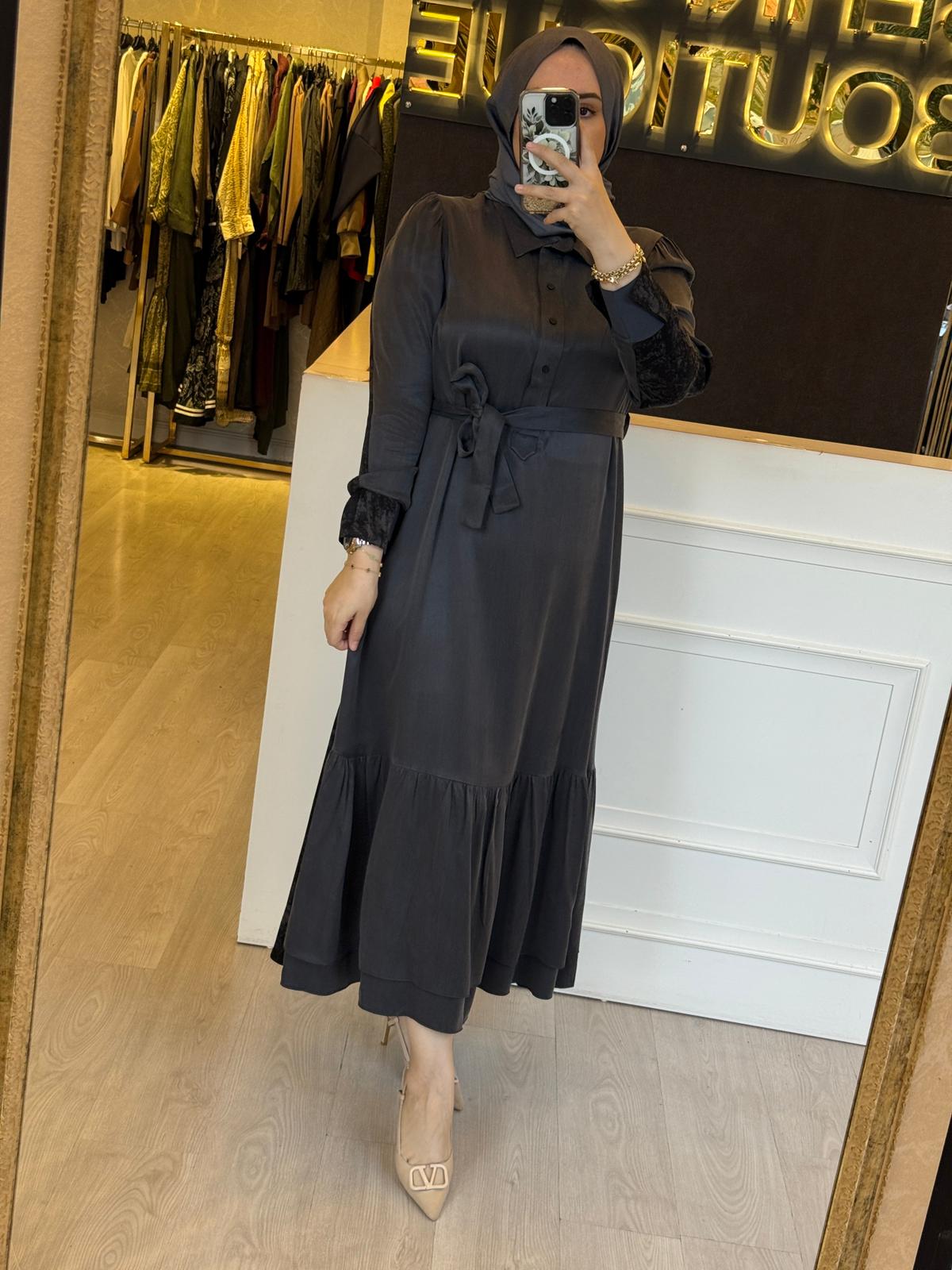 MİSSWHENCE 38827 Gömlek Tip Arkası Desenli İpek Cupra Elbise