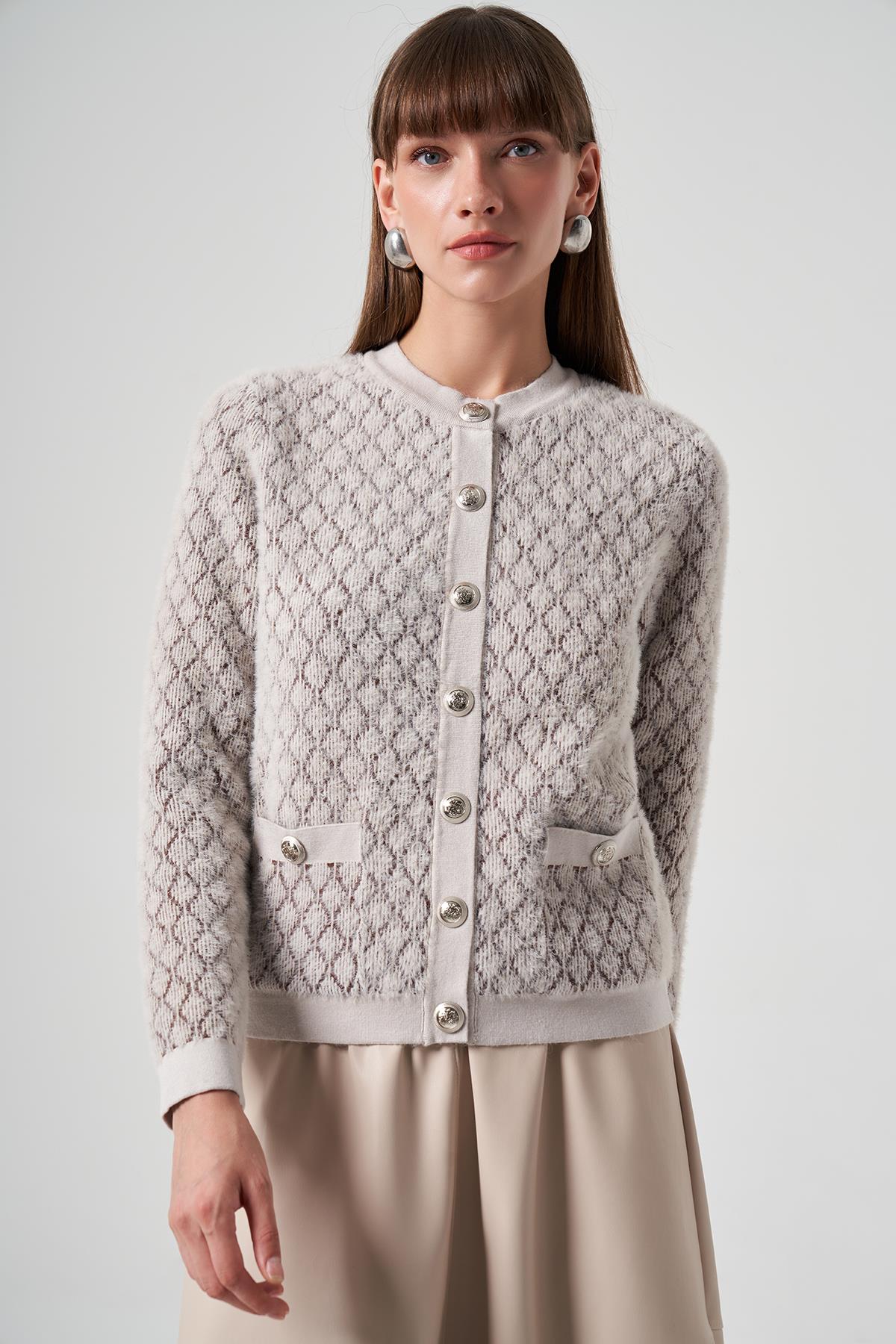 NUSS Baklava Desenli Çift Renk Angore Kısa Hırka