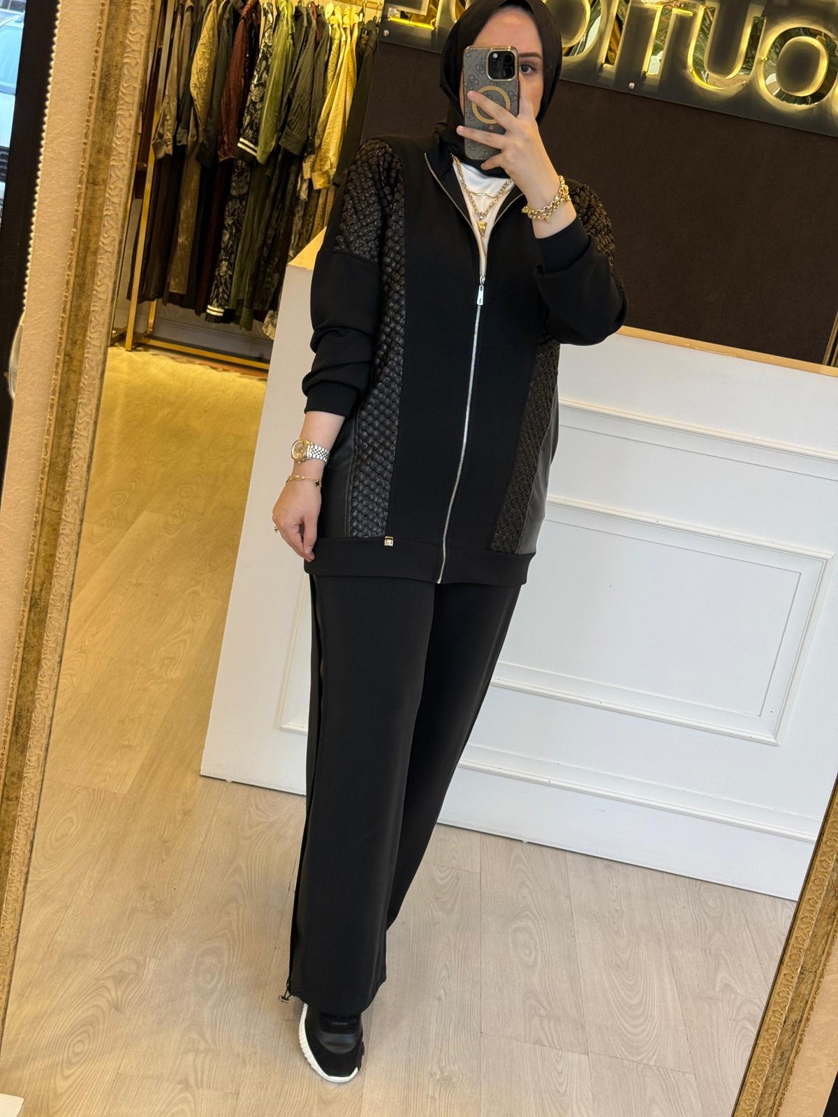 GHİSA Mat Payet İşlemeli Deri Detaylı Tasarım Uzun Ceket - Pantolon Takım