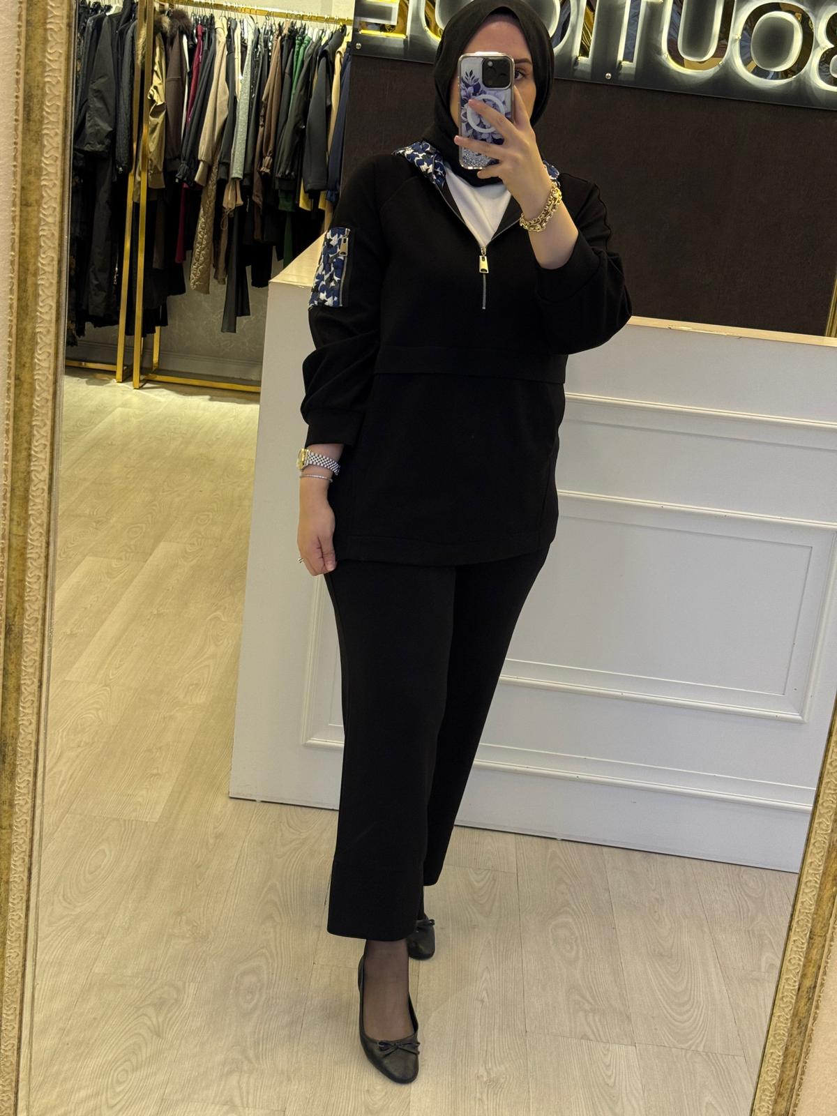 LİSA EXCLUSİVE Desenli Kumaş Mix Kapşonlu Ceket Pantolon Takım