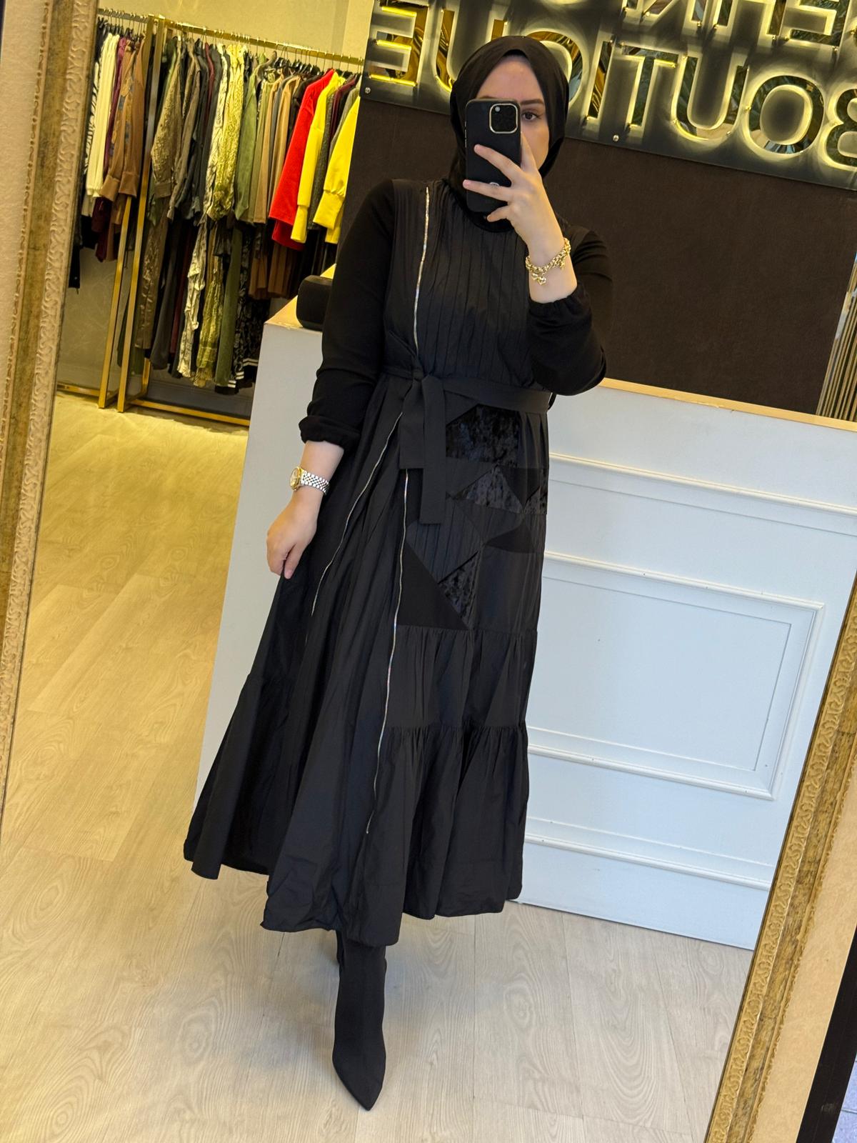 MİSSWHENCE 38813 Belden Bağlamalı Tasarım Uzun Tafta Elbise