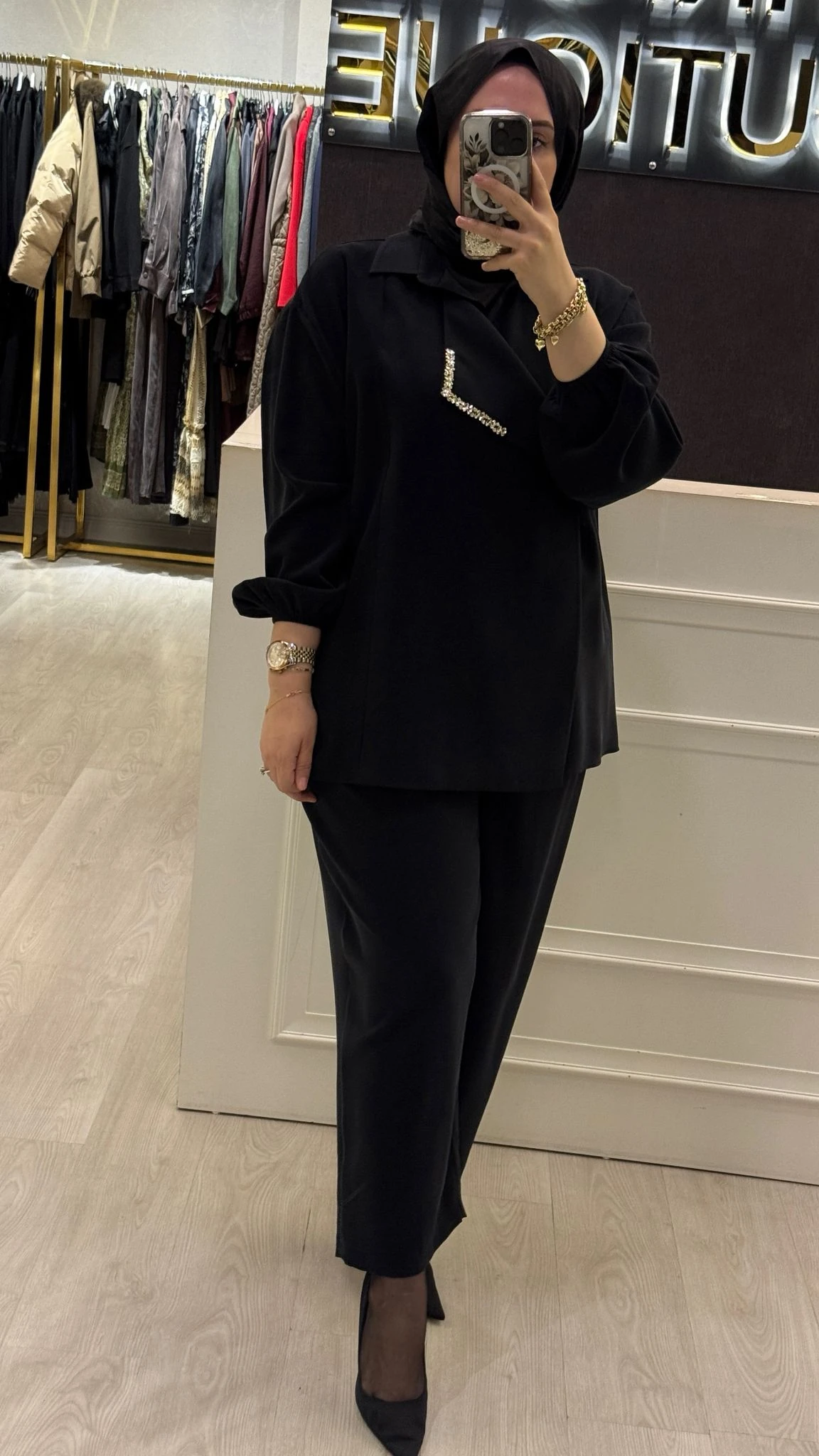 GHİSA Özel Tasarım Pırlanta Taş İşlemeli Gömlek Pliseli Rahat Pantolon Takım