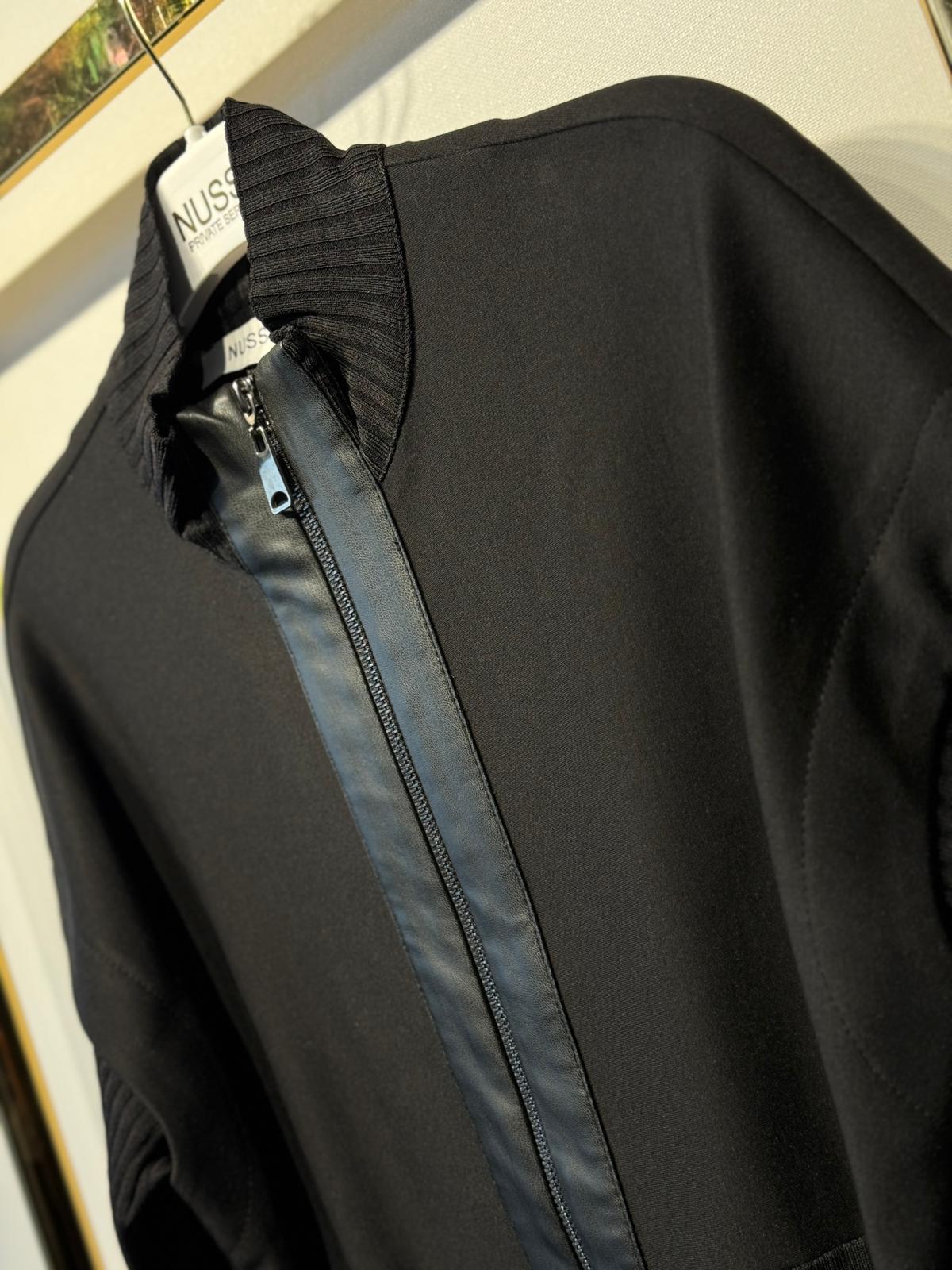 NUSS Deri Garnili Önden Fermuarlı Triko Detaylı Uzun Kap