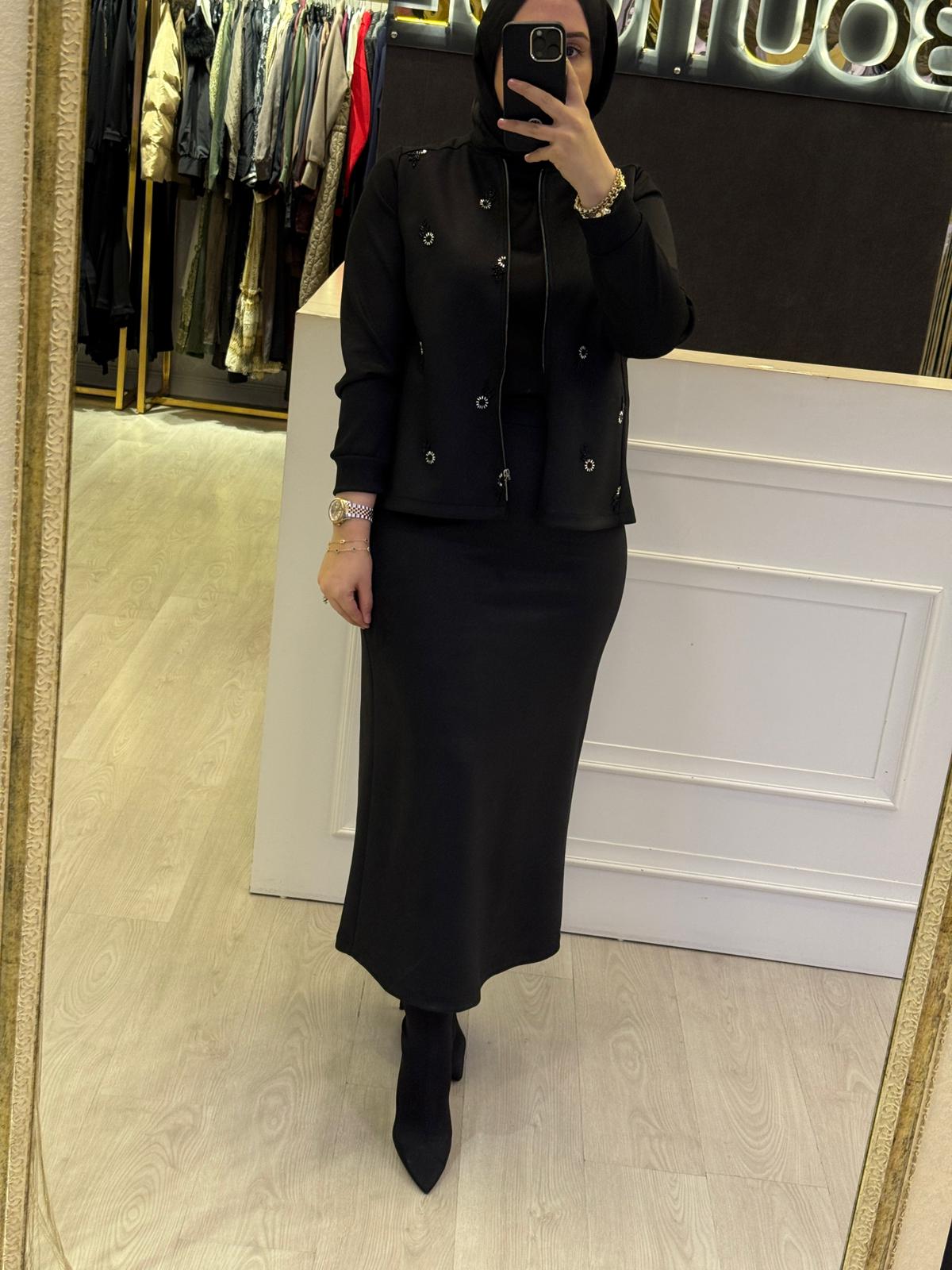 FUAT GÜRSEN Taş İşlemeli Özel Kumaş Bumber Ceket - Etek Takım 4615