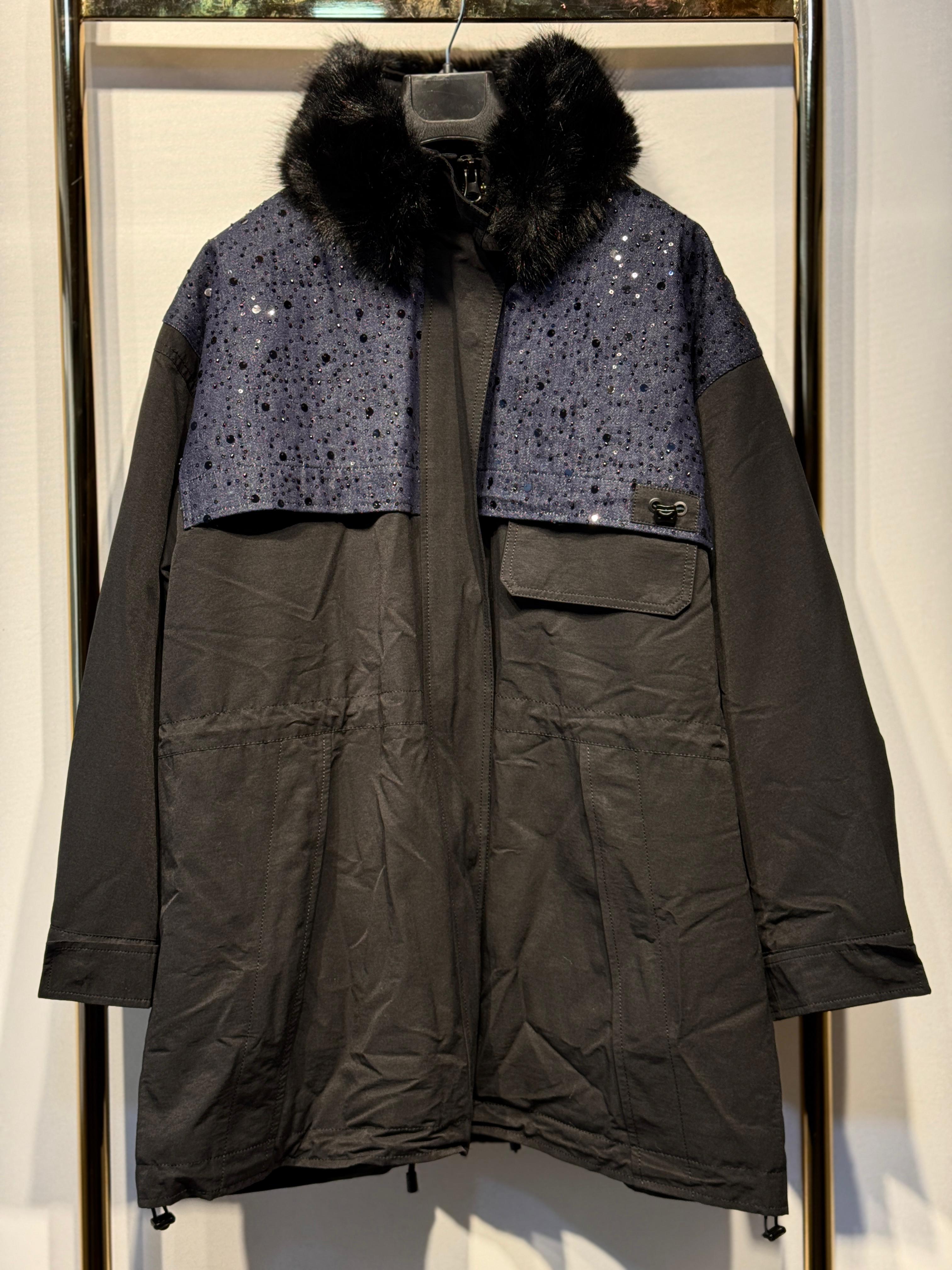 GHİSA Payet İşlemeli Denim Mix Kumaş Kürk Detaylı Kaban