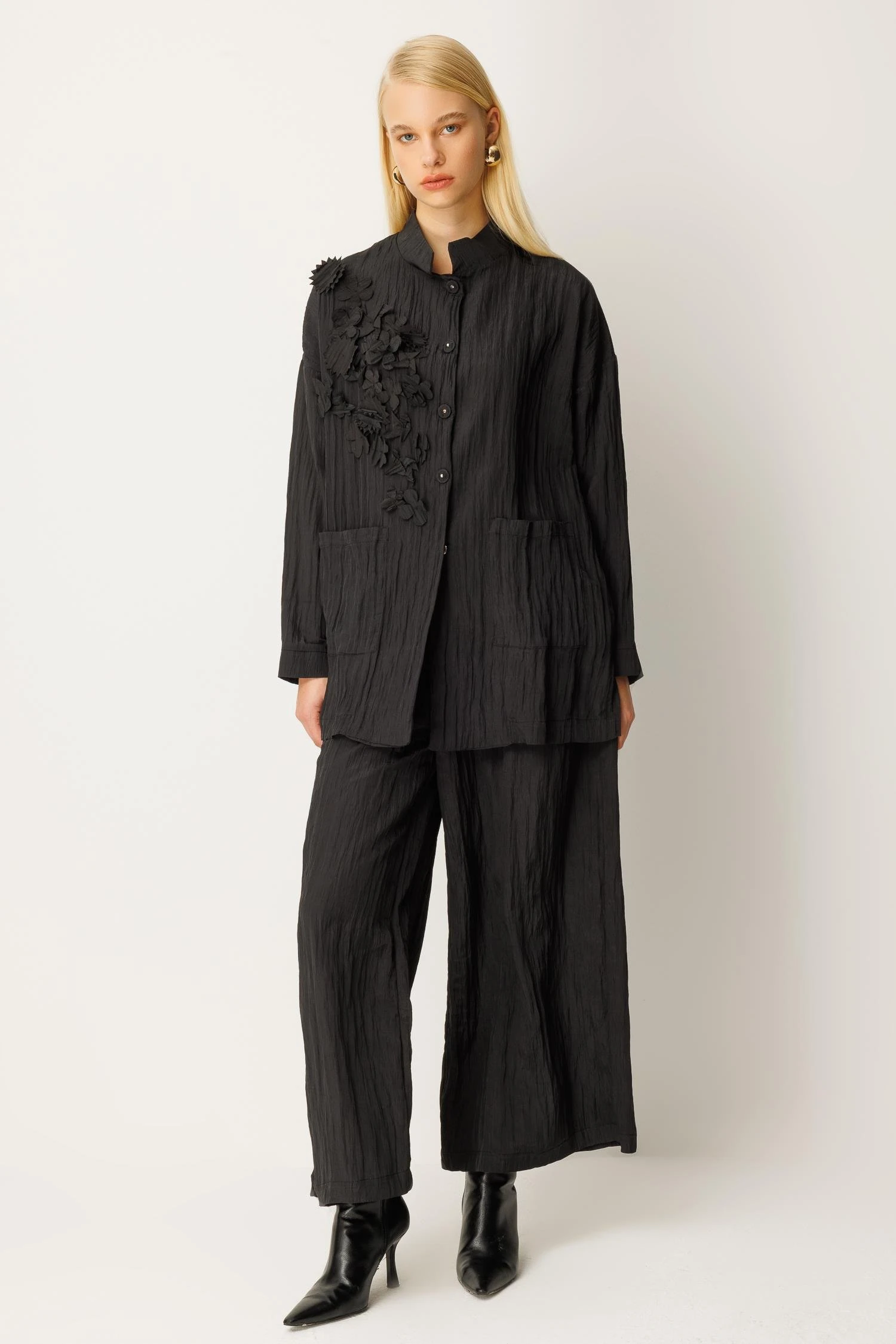 GHİSA Çiçek İşlemeli Kırıştırma Kumaş Gömlek Pantolon Takım