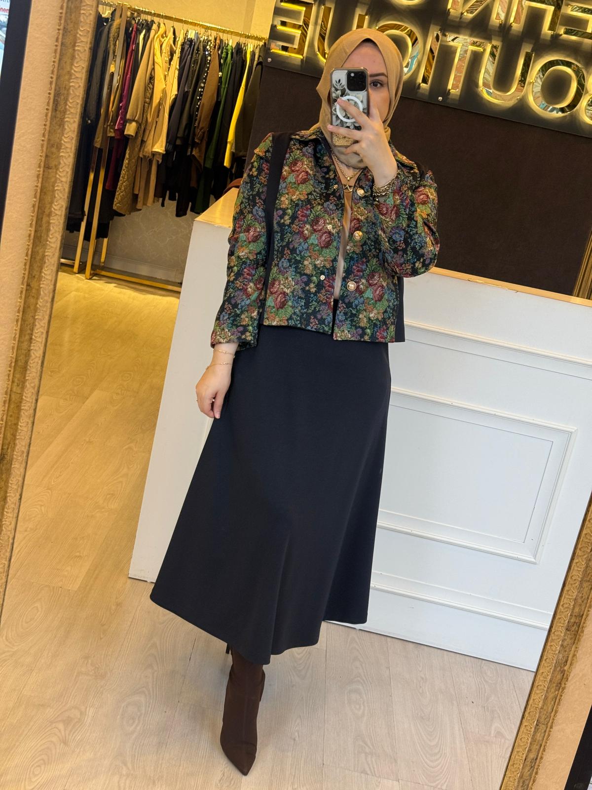 GHİSA Desenli Kumaş Ceket Rahat Etek Takım