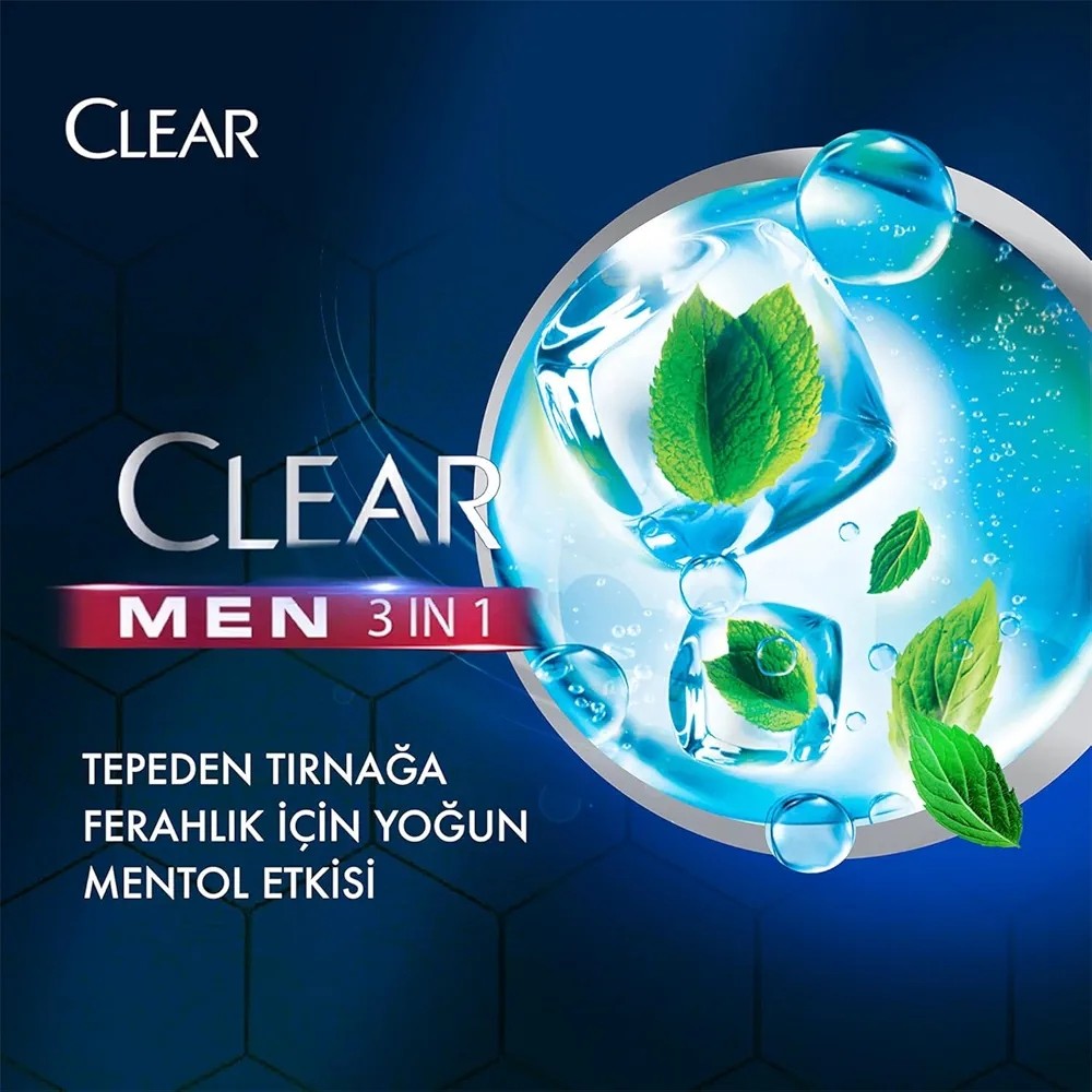 Clear Men 3 in 1 Şampuan & Duş Jeli Ferahlatıcı Mentol Saç Yüz Vücut İçin 350 ml