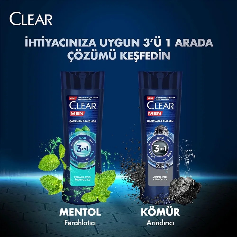 Clear Men 3 in 1 Şampuan & Duş Jeli Ferahlatıcı Mentol Saç Yüz Vücut İçin 350 ml