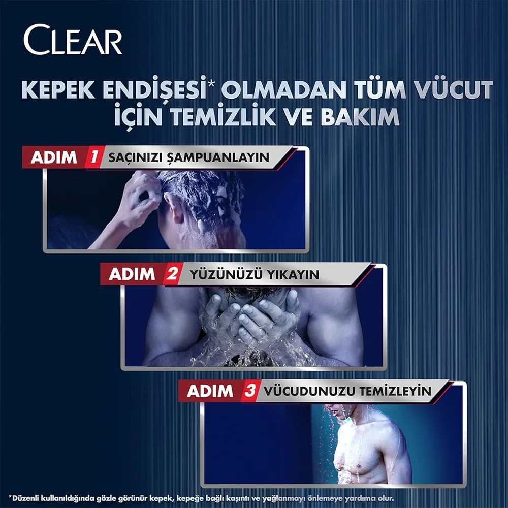 Clear Men 3 in 1 Şampuan & Duş Jeli Ferahlatıcı Mentol Saç Yüz Vücut İçin 350 ml